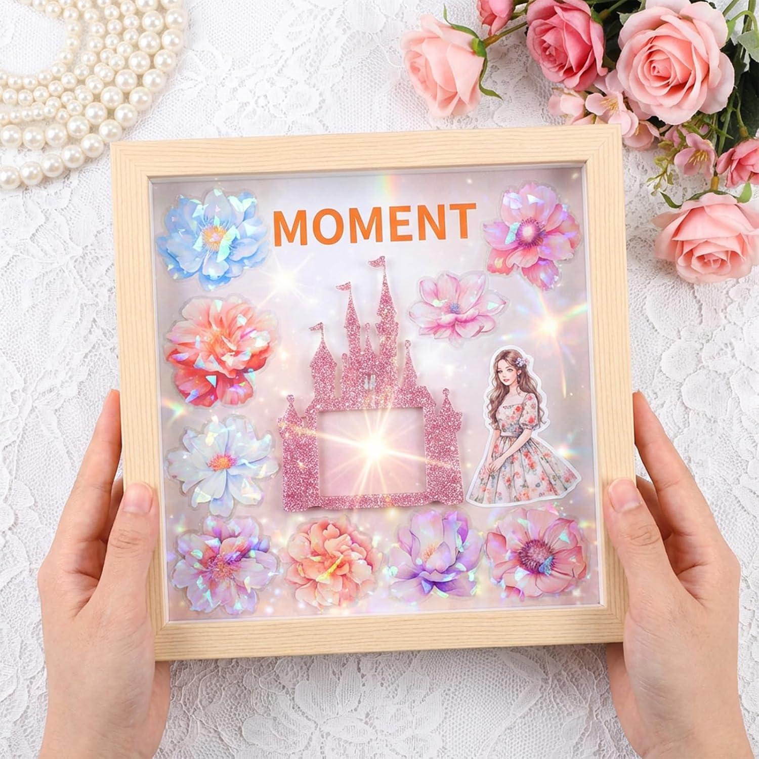 60Pcs Glitter Flower Stickers, Holographic Nature Flower Sticker, Waterproof Decorative Floral & Buttefly Decals for Journal, Scrapbooking & Planners, Stickers Floral for Crafts Photo Album Decor