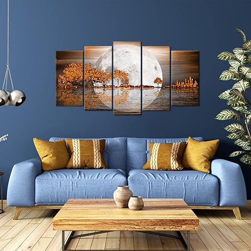 Miniatura 3 de Kalormore Lienzo grande de 5 piezas de arte de pared de paisaje naranja otoño árboles de flores de luna llena paisaje marino imágenes impresiones