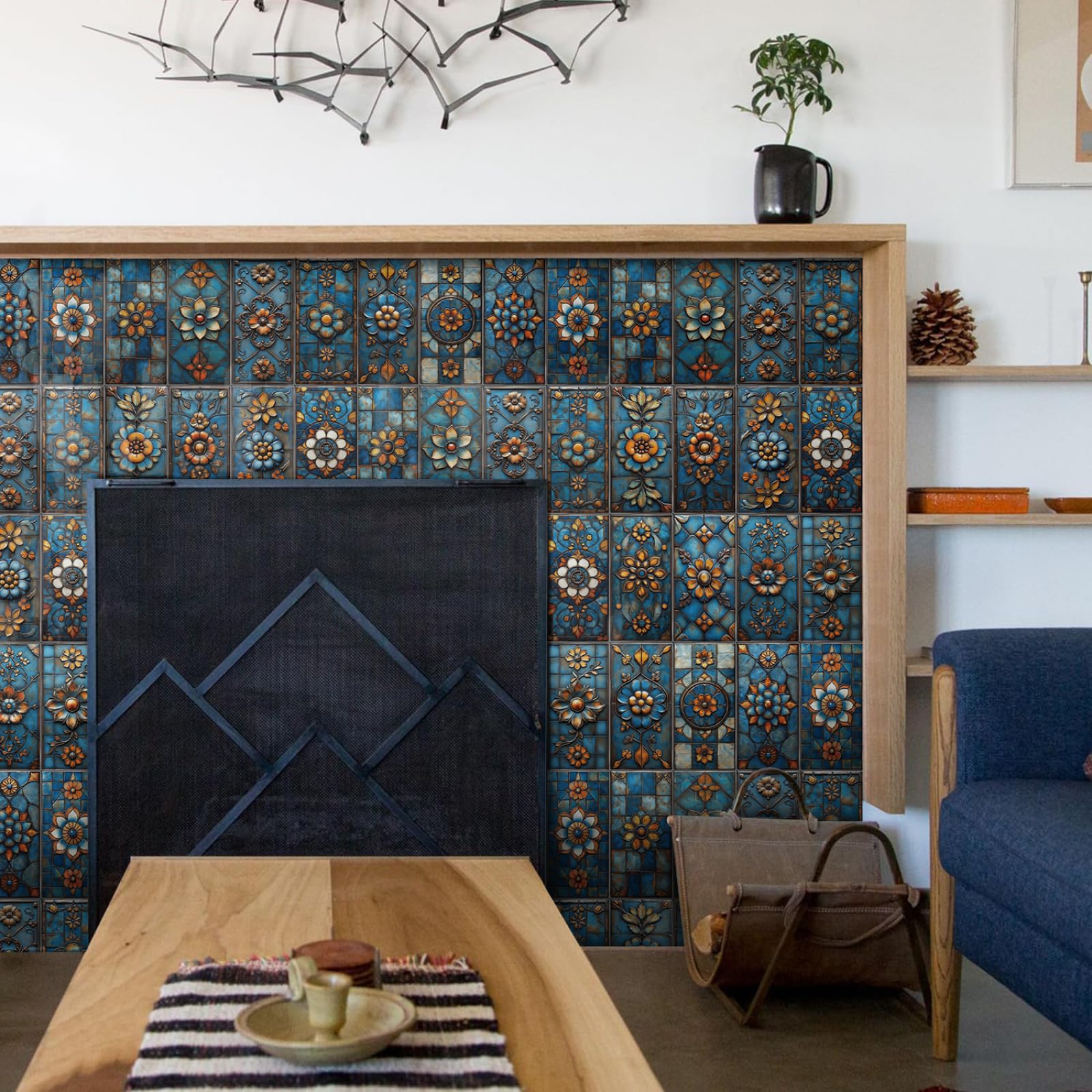 Azulejos Adhesivos Cocina Flores Azules Naranjas Impermeables Baño Azulejos, Diy Extraíble Vinilo Vinilo Pared Cocina