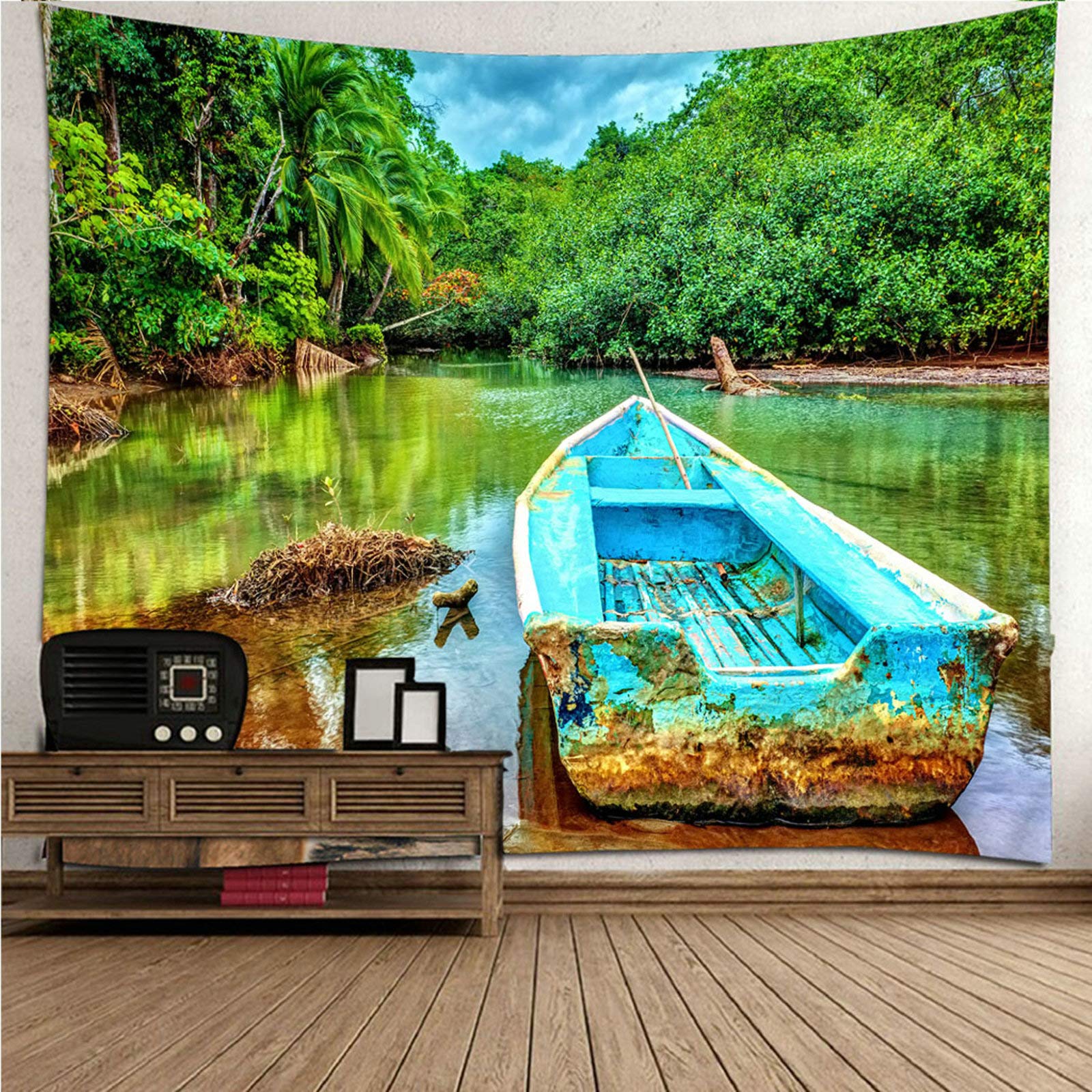 Tapiz de pared KnSam de alta calidad, tapicería de poliéster de 150x150 cm con lago y barco verde