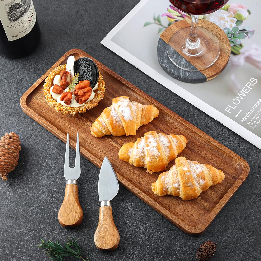 Tablett Holz 30x12 cm 3er Set, Dekotablett aus Akazienholz, Serviertablett Klein Holz Tablett, Holztablett Deko Rechteckig, Deko-Tabletts für Dessert Kosmetik Schmuck Kerzen