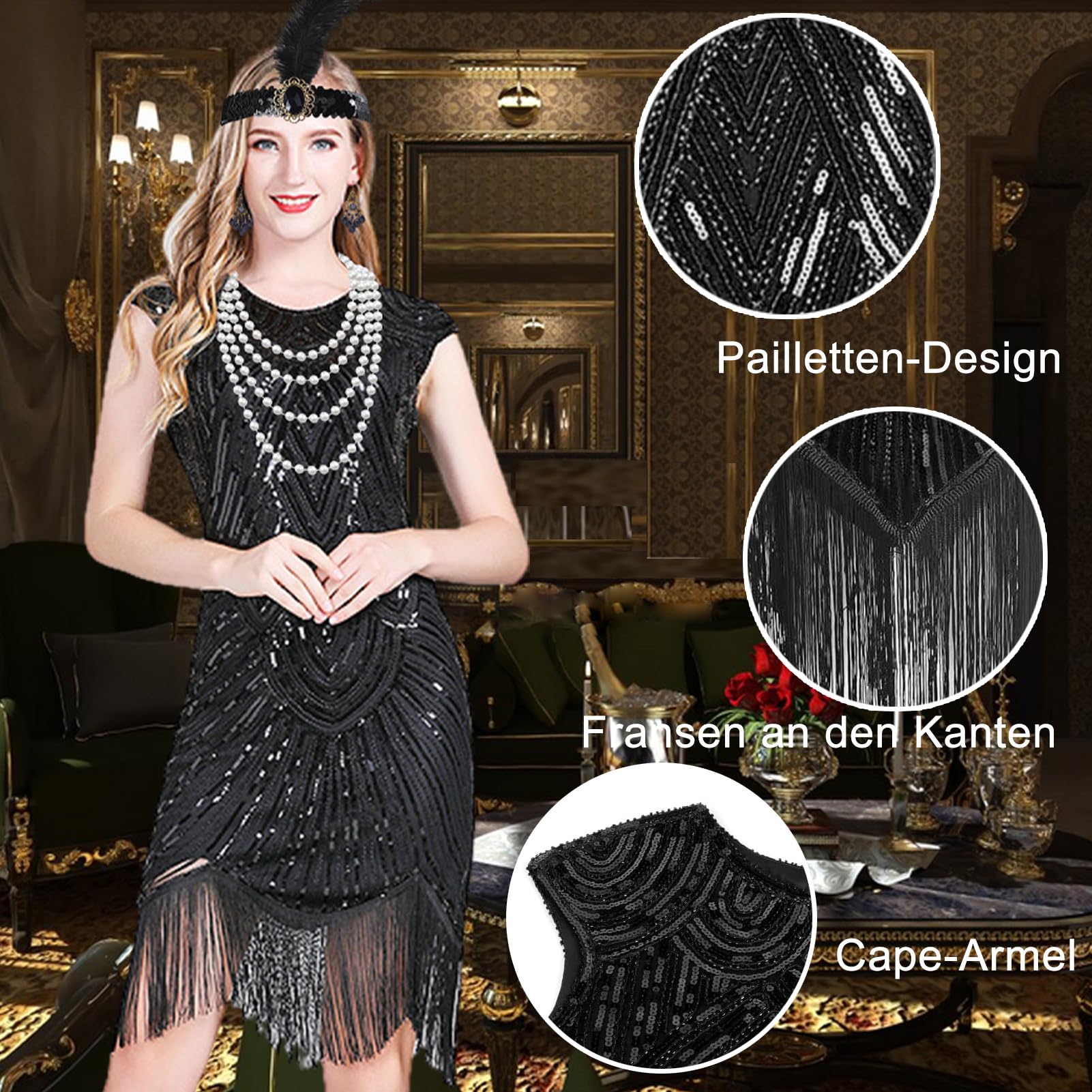 Disfraz de los años 20 para mujer, vestido de charlestón, cuello de pico, lentejuelas y flecos, vestido con accesorios de los años 20, vestido vintage Gatsby para disfraz de carnaval