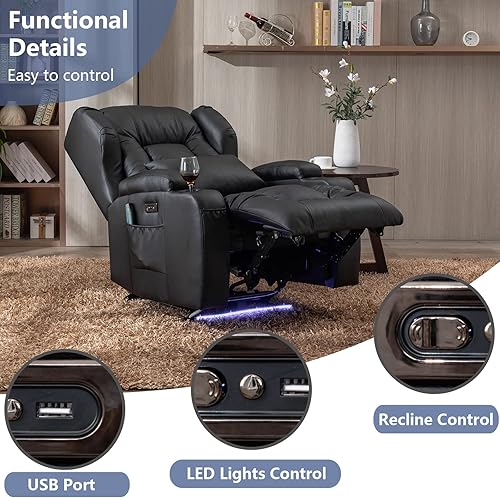 Miniatura 10 de Silla reclinable eléctrica con calor y masaje, sillas reclinables de piel sintética para sala de estar, asiento de cine en casa con luces LED Negro