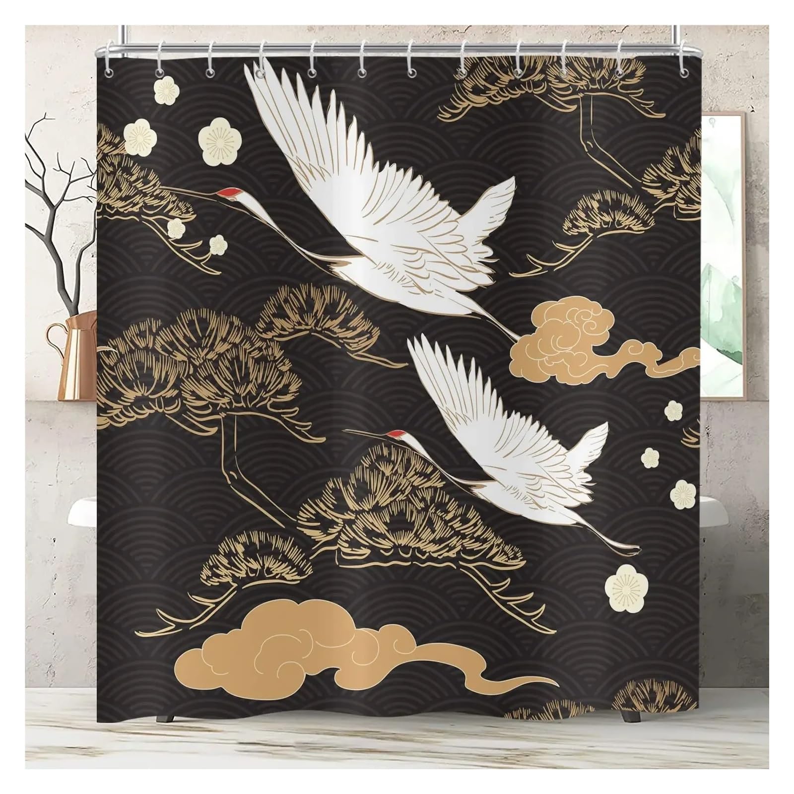 Cortina de Ducha con diseño Tradicional de pinos y grullas Volando, Arte paisajístico, Cortinas de Ducha Impermeables for baño, Ganchos(Color-03,W240xH180cm)