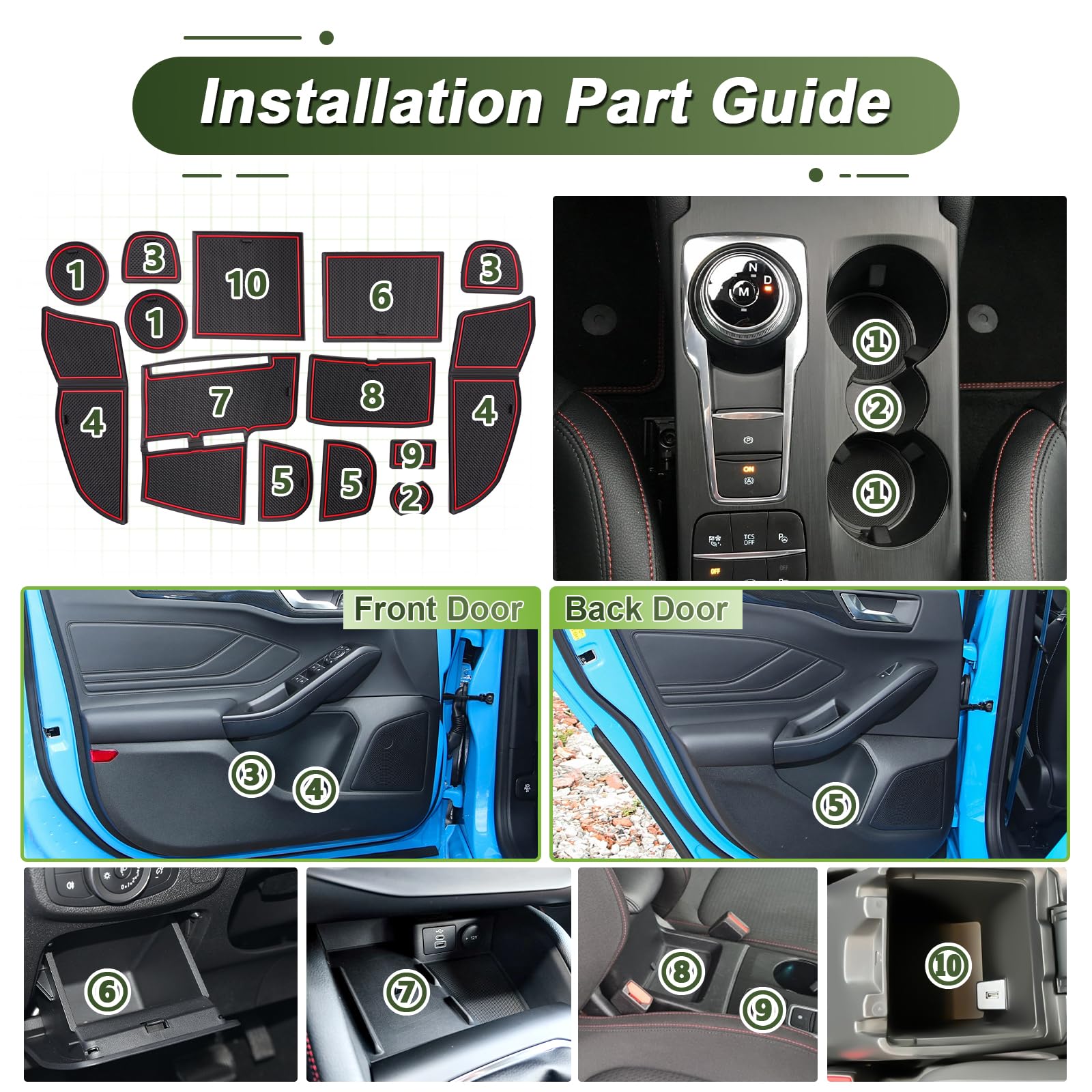 Tapis Antidérapants pour Ford Focus MK4.5 2022 2023 2024 2025 - Tapis en Caoutchouc Original pour Console Centrale, Porte-gobelets, Fente de Porte, pour Ford Focus St-Line, X (St-Line Rouge)