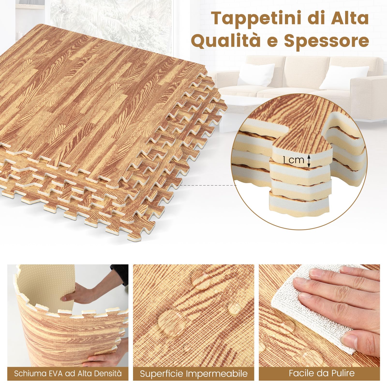 COSTWAY 12 Pezzi Tappeto Puzzle Effetto Legno, Tappetini a Incastro in Schiuma EVA con Bordi Perimetrali, Tappeto Protettivo Spesso per Palestra Casa Stanza Giochi, 61x61 cm, 4,5 M²
