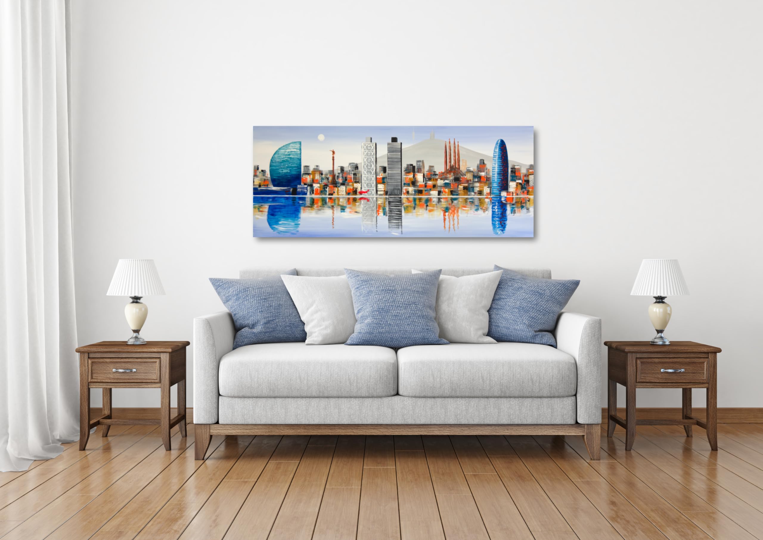 Cuadro Pintado Skyline de Barcelona Azul 150x60 cm, Torre Agbar, Colón, Tibidabo, Sagrada Familia...100% Original sobre lienzo, listo para colgar, pintado a mano, firmado por el artista