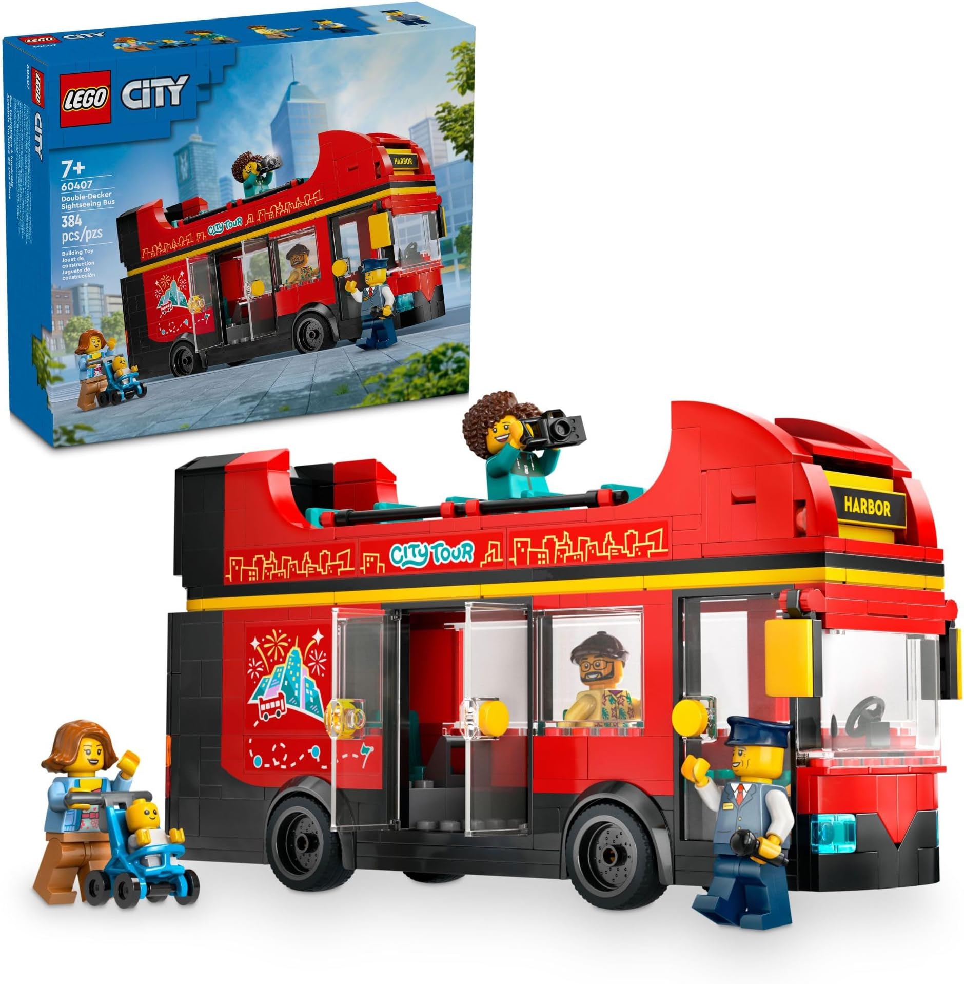 City Red Double-Decker Sightseeing Bus Toy Vehicle Set, Birthday Gift for 7 Year Olds, London Bus, for Kids, Double-Decker Bus Toy, 5 Characters Including a Baby and Stroller, 60407