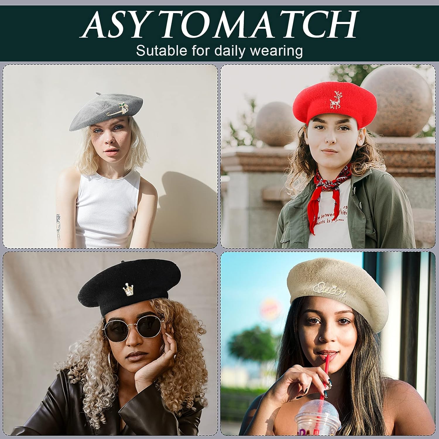 BBTO 8 Pcs Wool Beret Hats Crystal Brooch Sets French Beanie Cap Solid Color Winter Hat Rhinestone Brooch Pins for Women (Cute Color,8 Pieces) - Image 4