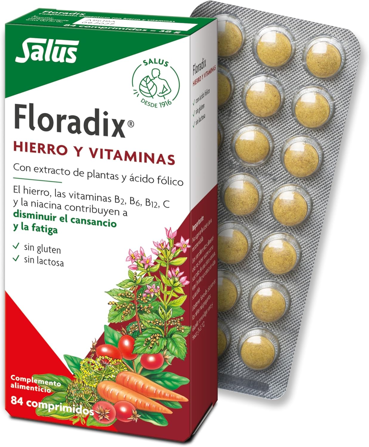 Salus - Floradix Suplemento de Hierro - Reduce el Cansancio y la Fatiga, con Hierro Orgánico, Ácido Fólico y Vitaminas B1, B2, B5, B12 y C - 84 Comprimidos