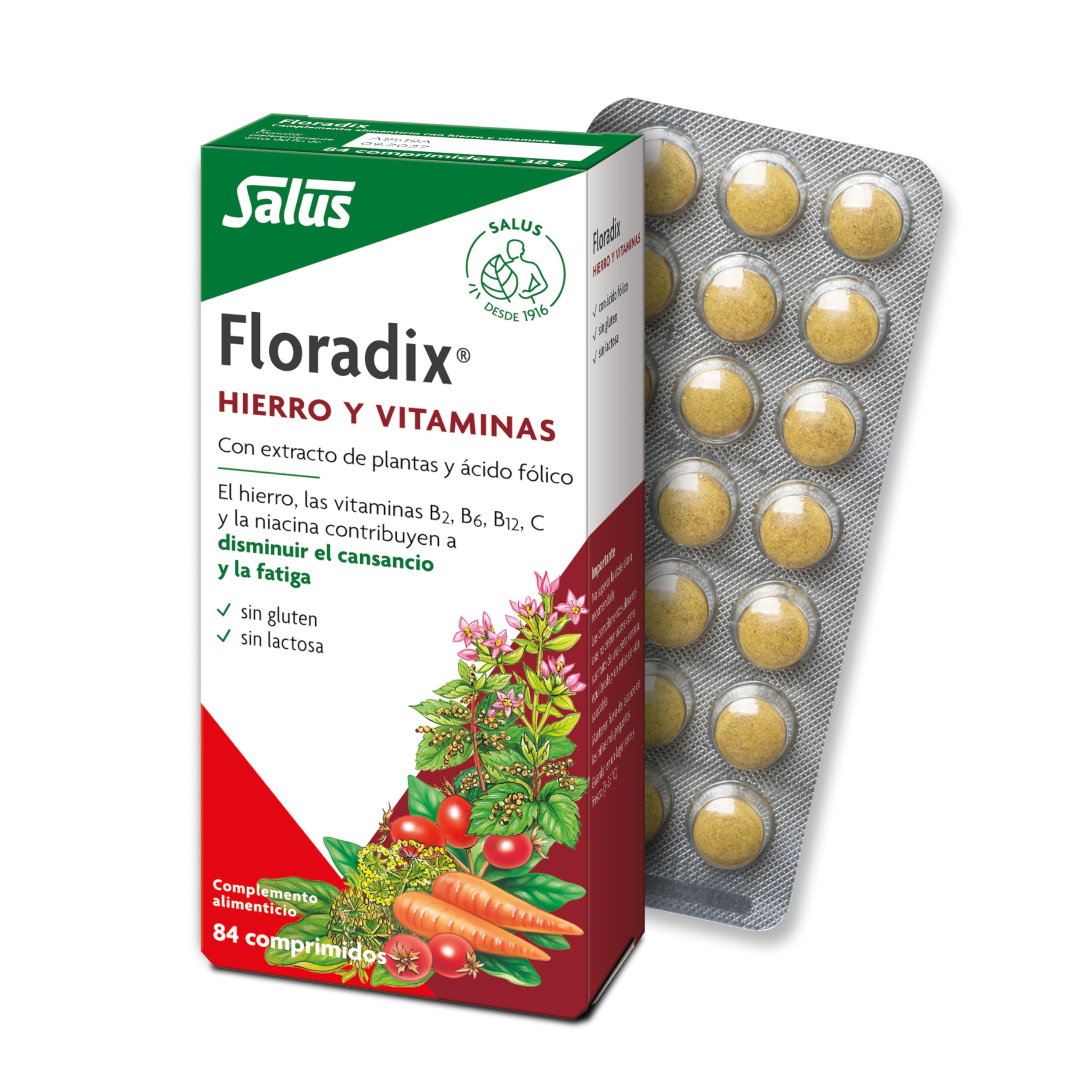 Salus - Floradix Suplemento de Hierro Orgánico - Reduce el Cansancio y la Fatiga, con Ácido Fólico y Vitaminas B1, B2, B5, B12 y C - 84 Comprimidos