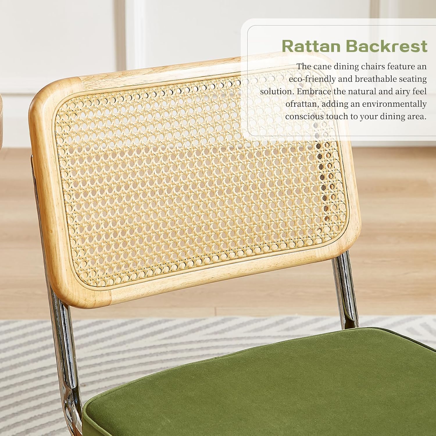 Rattan Back Velvet Dining Chair Set of 2 Modern Breuer Designed Stainless Chrome Base Armless Upholstered Dining Chair for Dining Room, Kitchen Island(Olive Green)