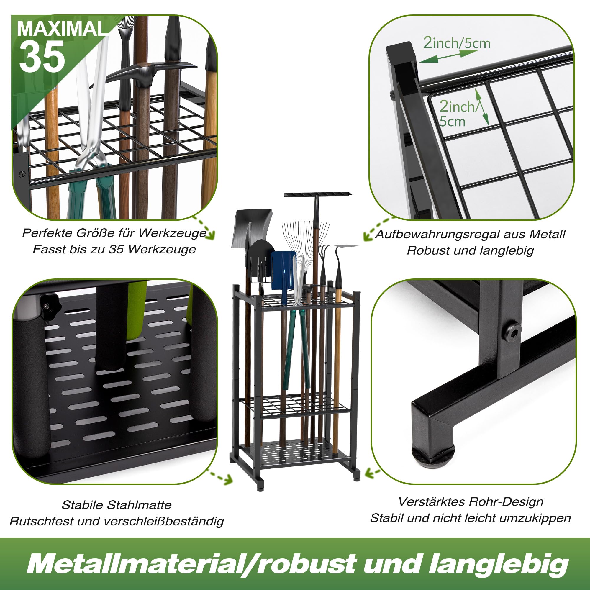 Sttoraboks Garden Tool Organizer, Yard Tool Tower Rack für Garage Organisation und Lagerung, bis zu 35 langstielige Werkzeuge, Heavy Duty Steel Garden Tool Stand für Schuppen, Outdoor, Schwarz