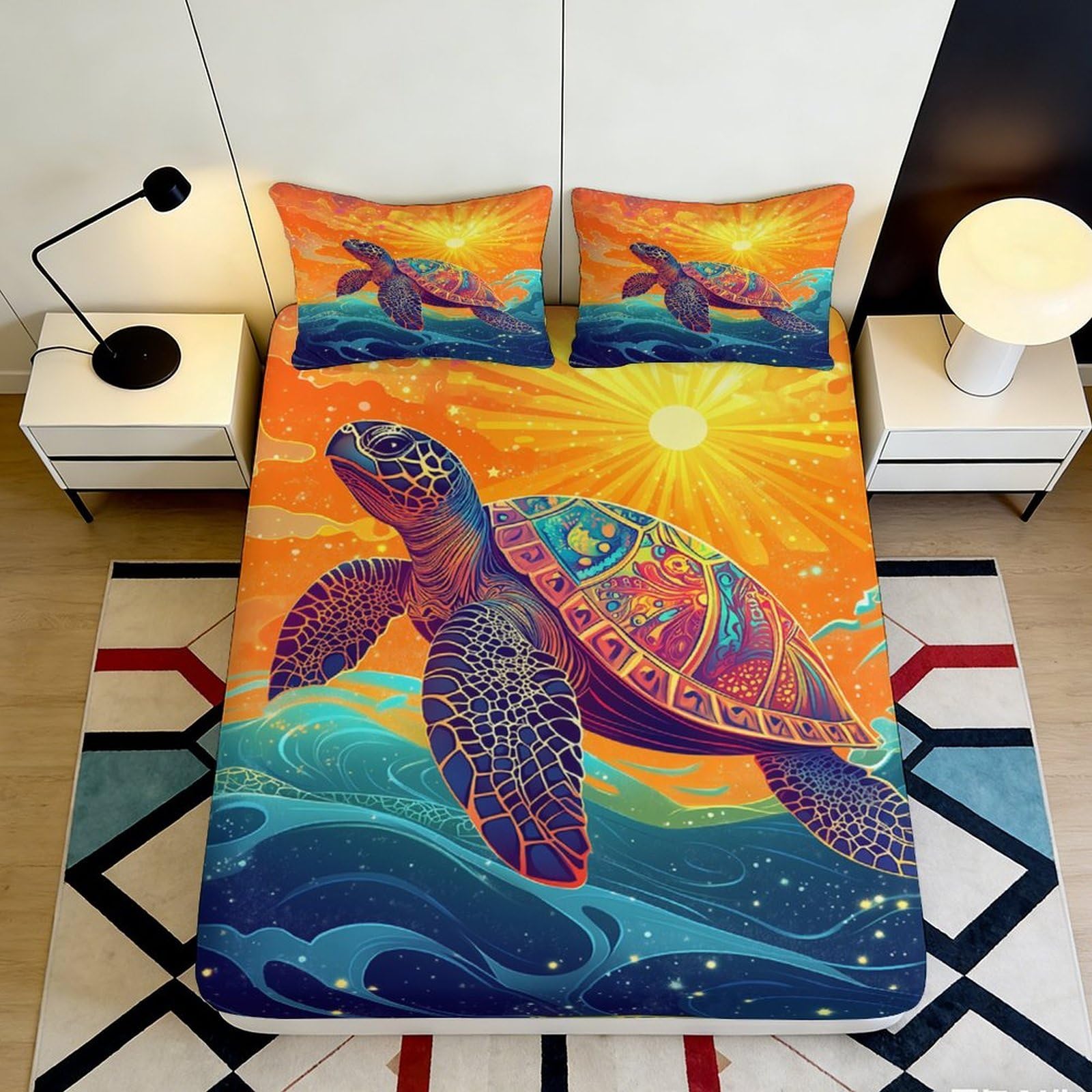 3D Printed Sea Turtle Ocean Fitted Sheet Microfiber Vibrant Sunset Bed Sheet Anti-Slip Washable for Bedroom Guest Room 90x200x25cm
