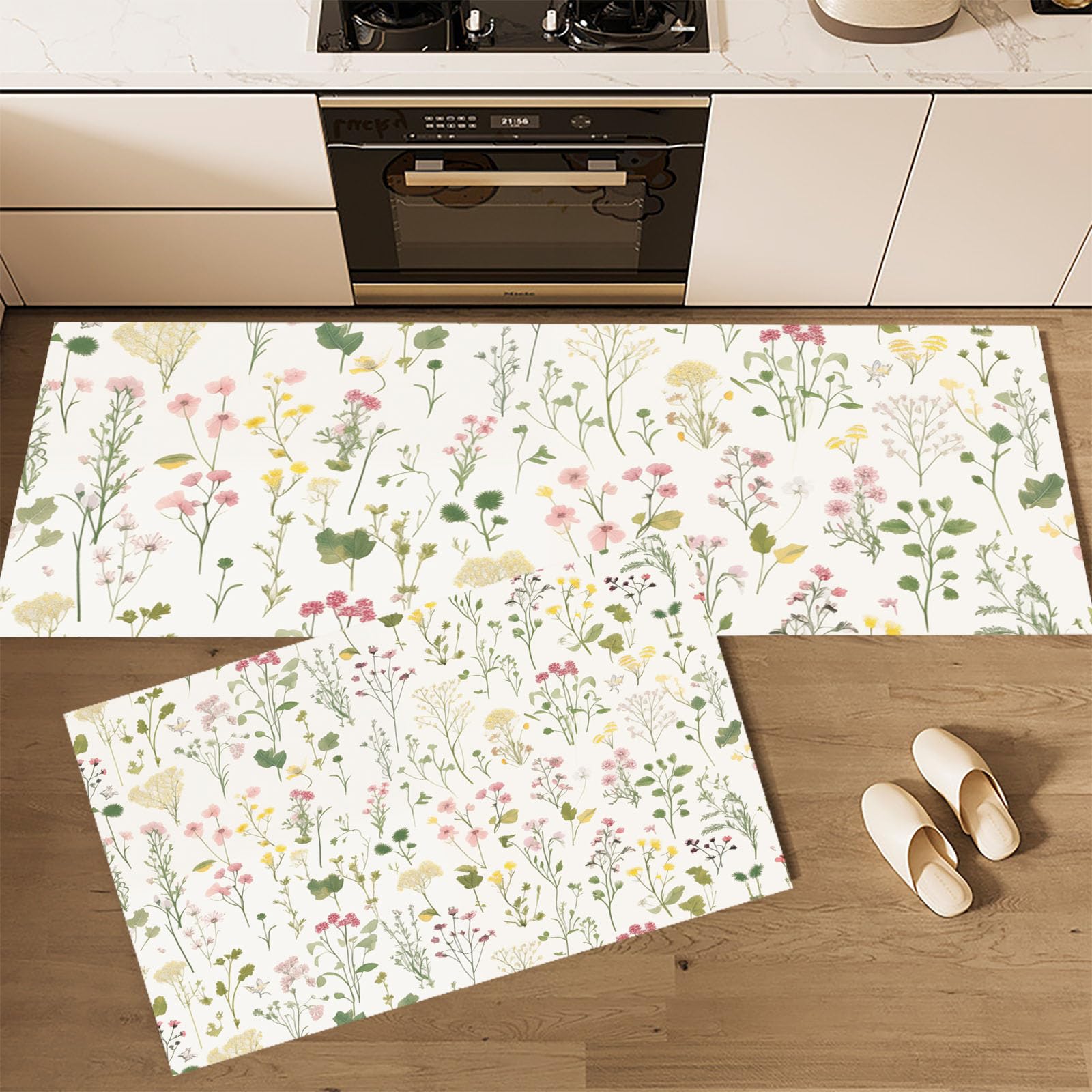 Tapis rose vert fleurs sauvages style dessiné imprimé floral