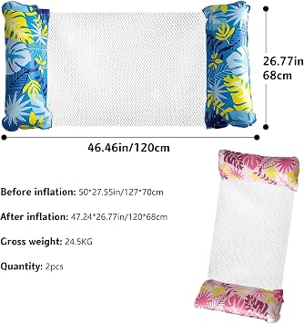 2 Pack Inflatable Pool Wammock, 4-in-1 Multi-Purpose Water Pool Float, Water Hammock for Pool Beach Vacation (Blue and Pink)