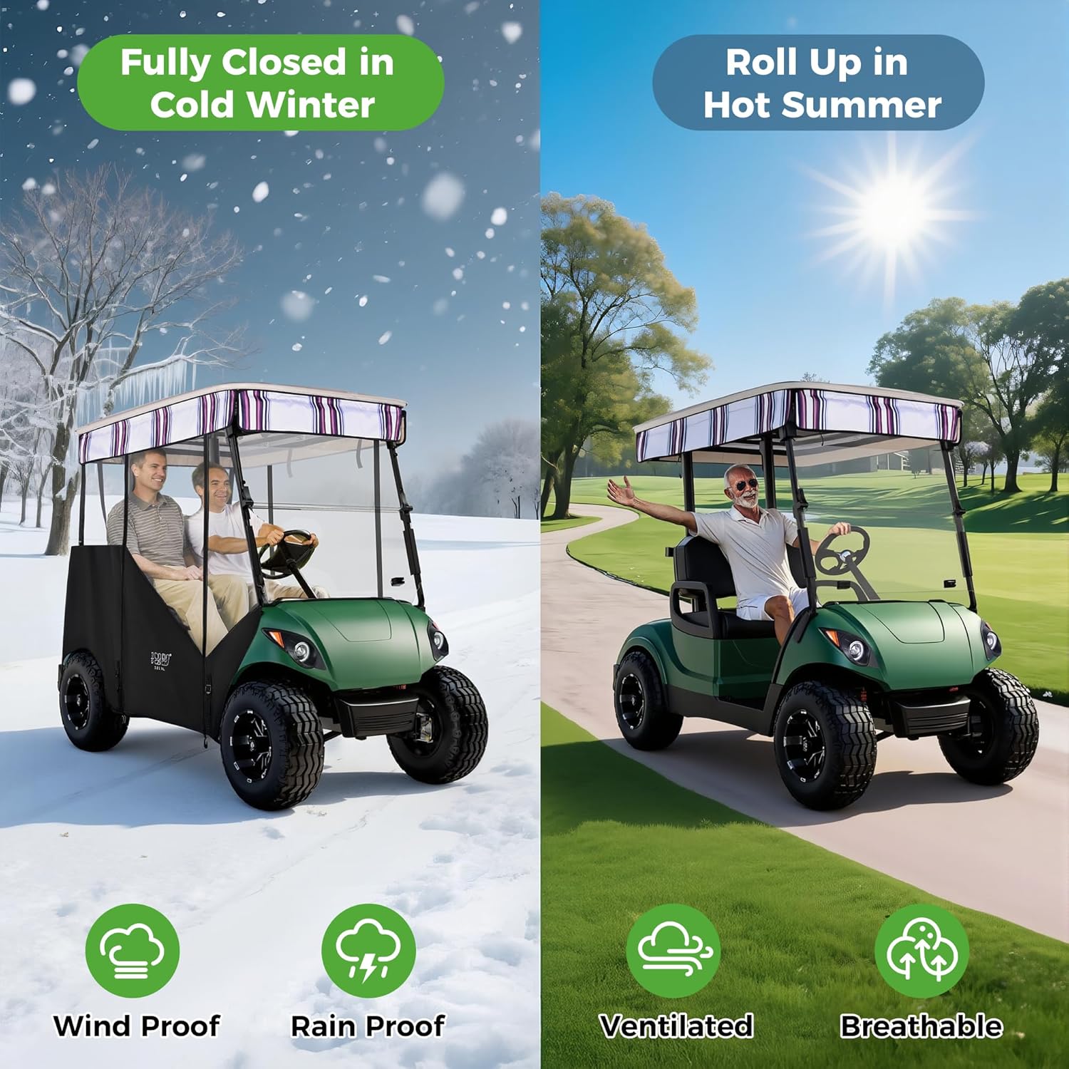 10L0L 3-Sided Track Style Golf Cart Enclosure fit 2 Passenger Yamaha G29, 600D Oxford Cloth Rain Shelter Cover with Aluminum Pre-Drilled Track,3 Sides Roll Up,Waterproof and UV Protection(Colourful)