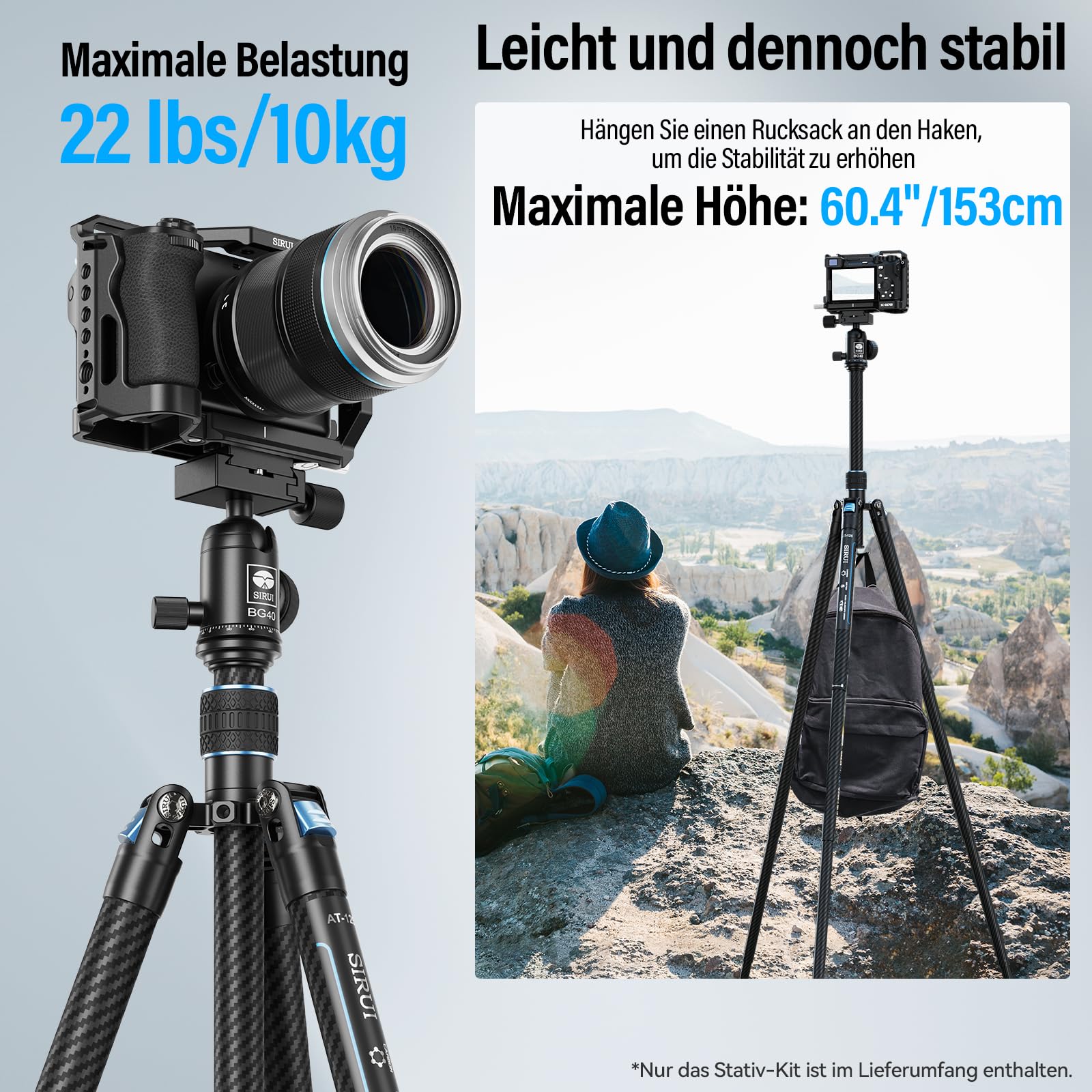 SIRUI Carbon Stativ Kamera BG40 360° Kugelkopf Höhe 152cm 900g Leichtes Reisestativ Schnellwechselplatte DSLR Camcorder Traglast 10kg Traveler X-III