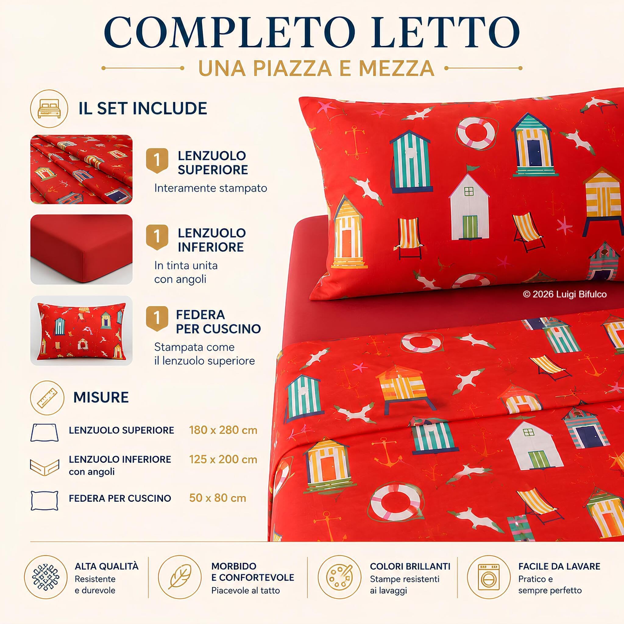 Bassetti Completo Lenzuola Una Piazza e Mezza Cabana in 100% Cotone Rosso