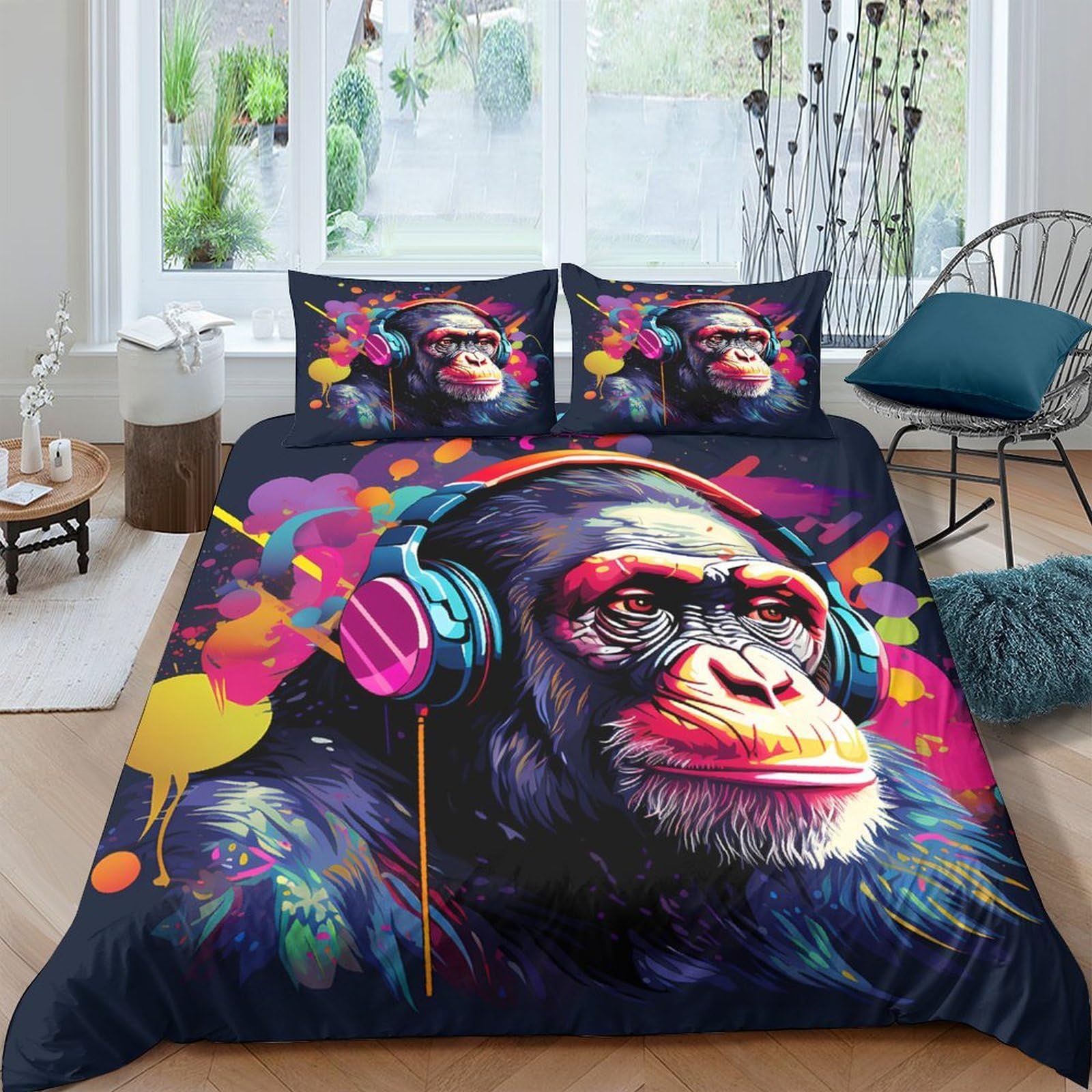 Ctjqhvkz Style-7 3D Printed Graffiti Chimpanzee Fitted Sheet Microfiber Colourful Headphones Bed Cover Non-Slip Machine Washable Decor Single（135X200cm）