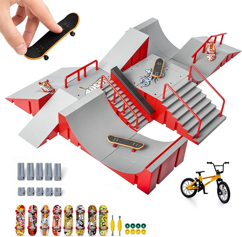 14-in-1 Fingerboard Skatepark Set with 8 Finger Skateboards and Finger Bike | Modular fingerboard skatepark, Multiple layouts, Smooth-edge ABS ramps, Half pipe and rails, Fits most standard fingerboards
