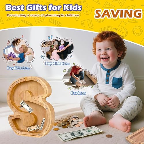 Miniatura 48 de Alcancía de madera con letras de madera, alcancía para niños y niñas, grande, 26 letras del alfabeto, banco de dinero personalizado con nombre