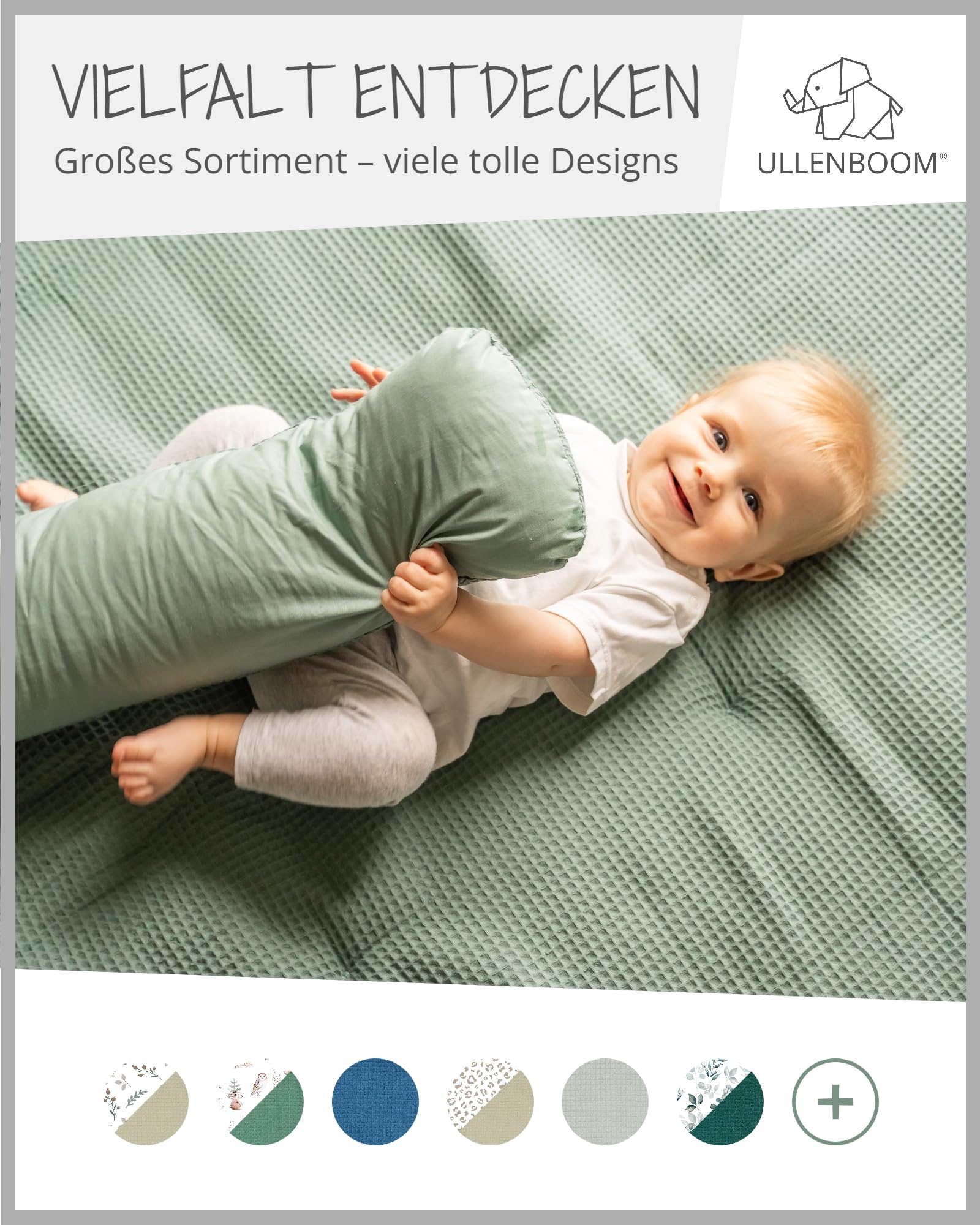 ULLENBOOM ® Manta de gateo 140x140 cm acolchada en verde salvia (Made in EU) - manta de gateo para el bebé con 100% algodón ÖkoTex, perfecta como manta para el bebé y como alfombra de juego