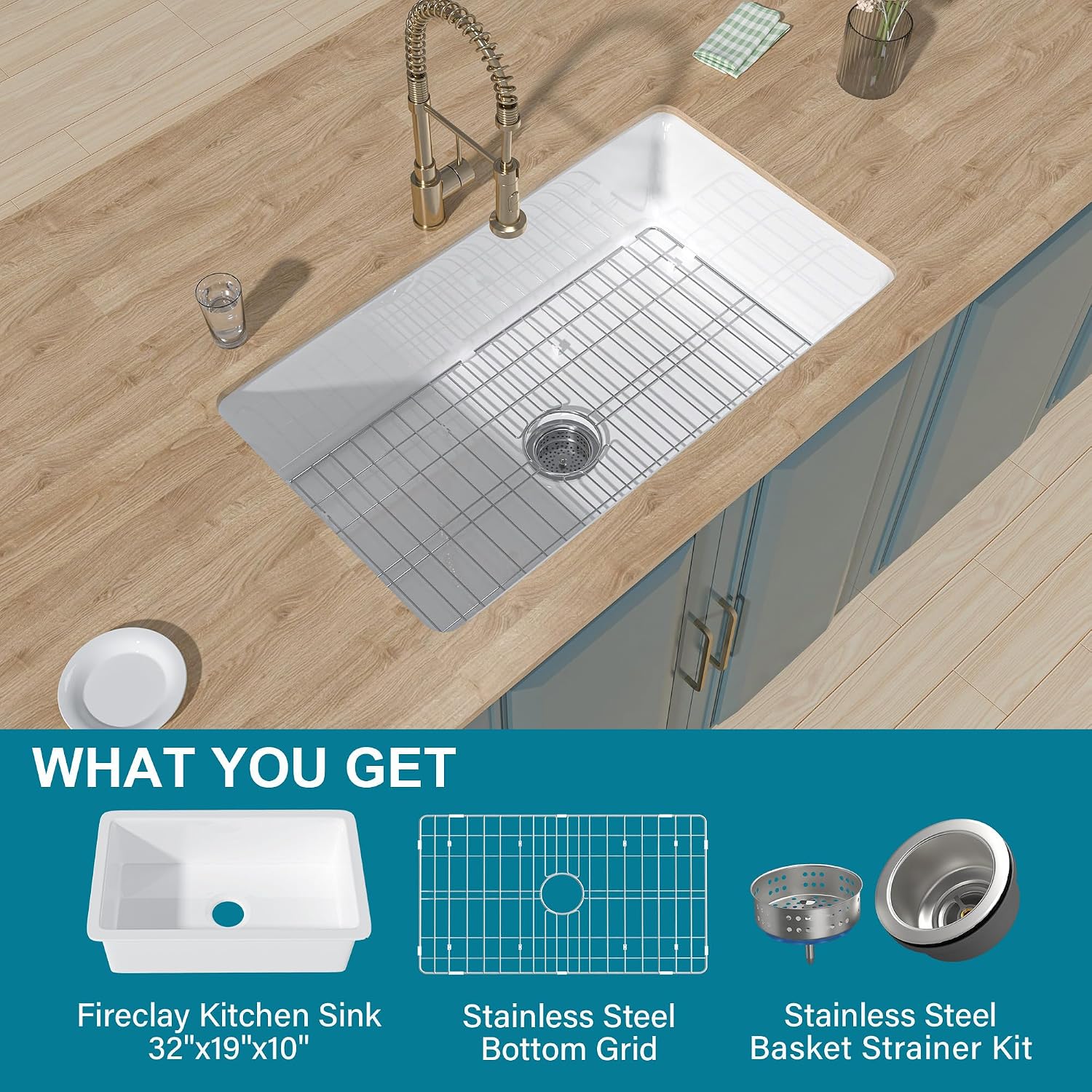 Undermount Kitchen Sink White 32 x 19 Inch, Fireclay Topmount Sink Drop In Single Bowl, with Custom Accessory 2 Types, Dual Mount, for Kitchen, Pure White