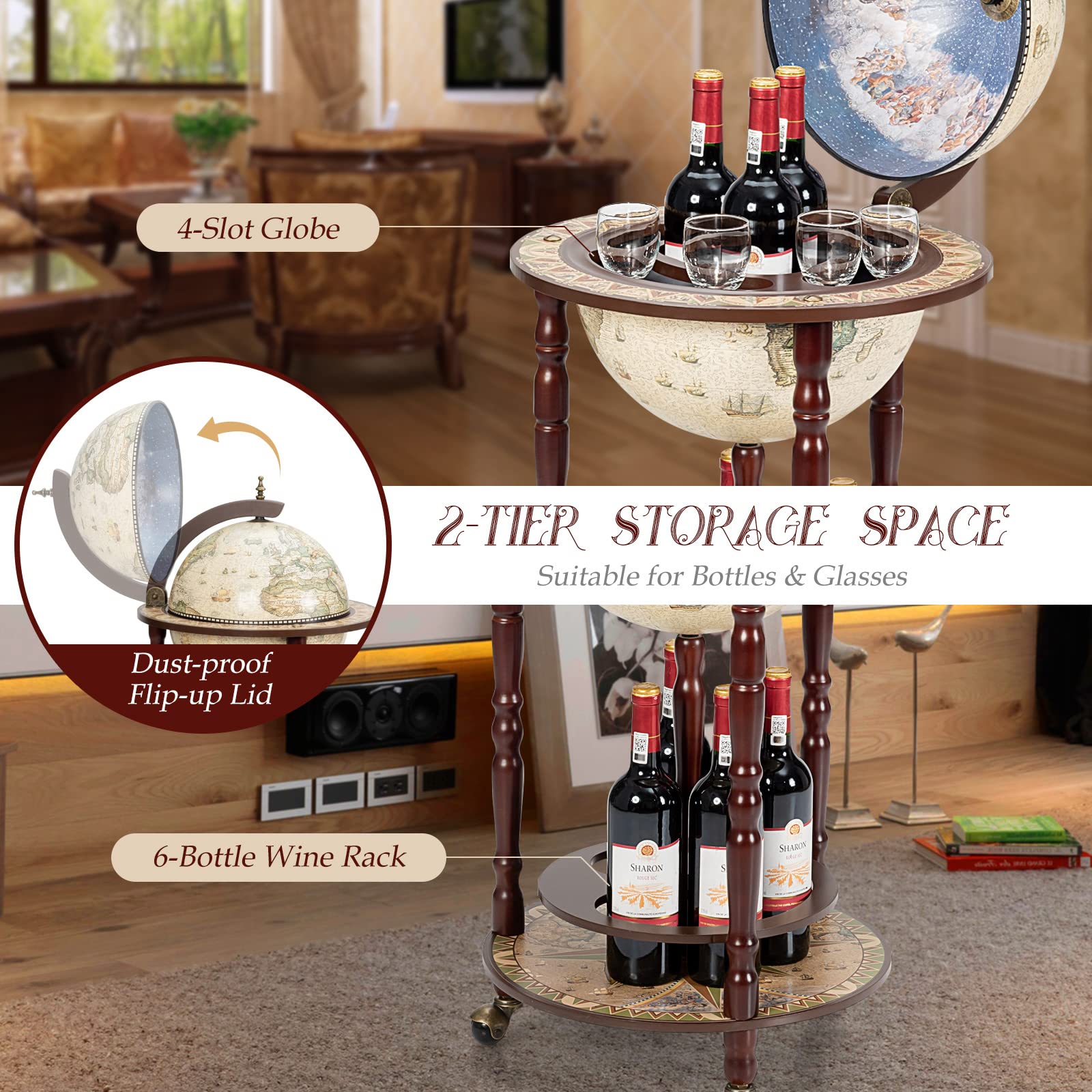 HPPYGRILL Globe Bar, 17.5” Wine Bar Stand Italian Wooden Globe Wine Cart Liquor Bottle Shelf, 16th Century Retro Wine Cupboard with Wheels for Dining Room Living Room, Retro Brown: B