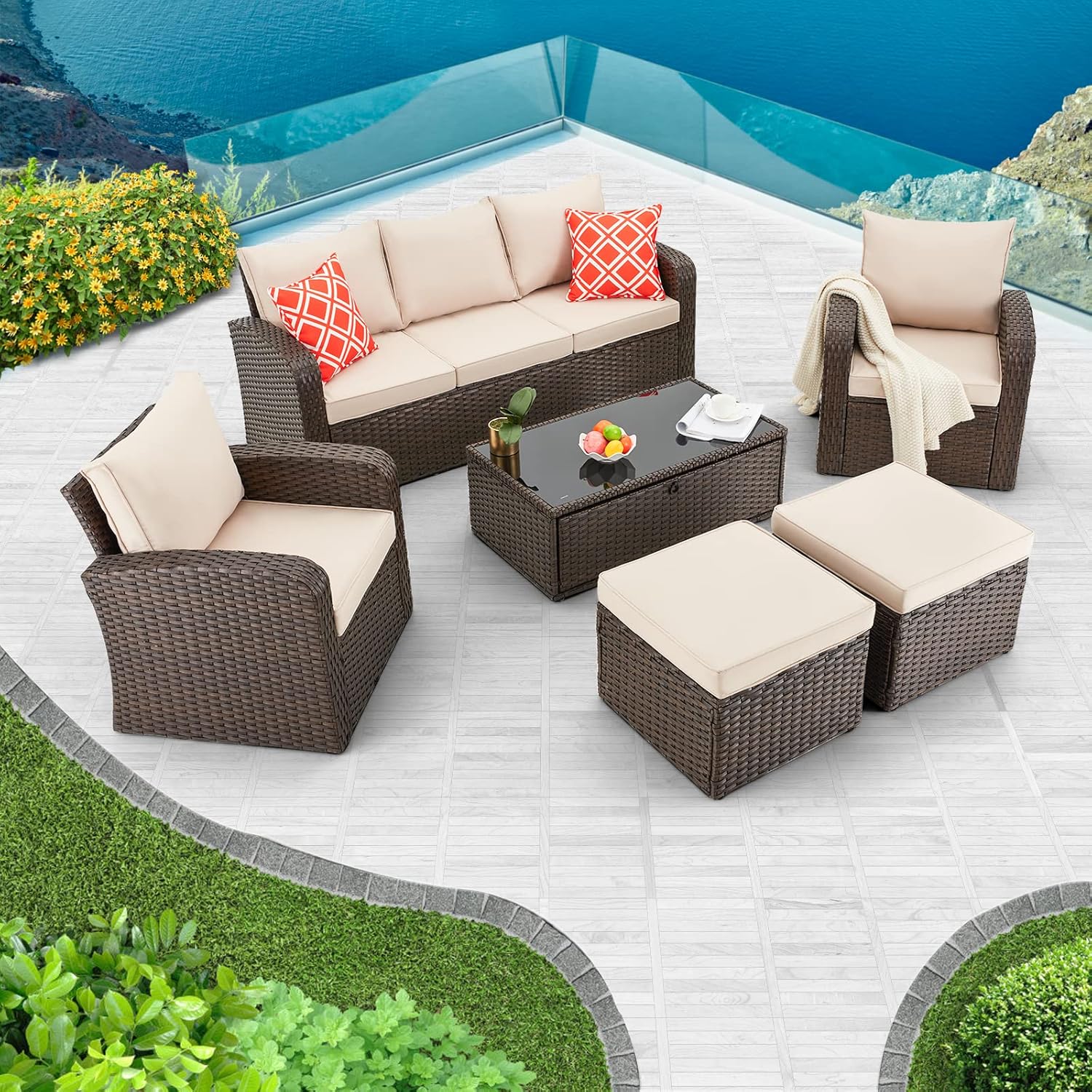 HOMREST 6 Pieces Patio Furniture Sets, All Weather Wicker