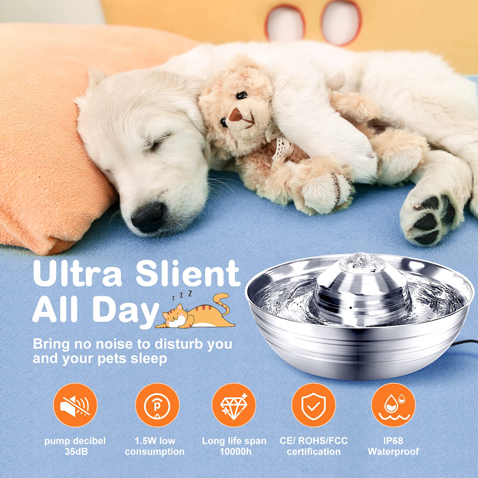 Cat Water Fountain, QILEBI 67 OZ /2 L Stainless Steel Dog Water Fountain with Filters & Ultra Quiet, Dishwasher Safe Pet Drinking Dispenser with Slicone Mat for Cats, Dogs - image 4