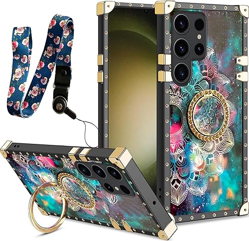 nancheng Funda ultra cuadrada para Samsung Galaxy S23 (2023) para niñas y mujeres, linda flor, pétalo, estrella, cielo, con anillo y correa de