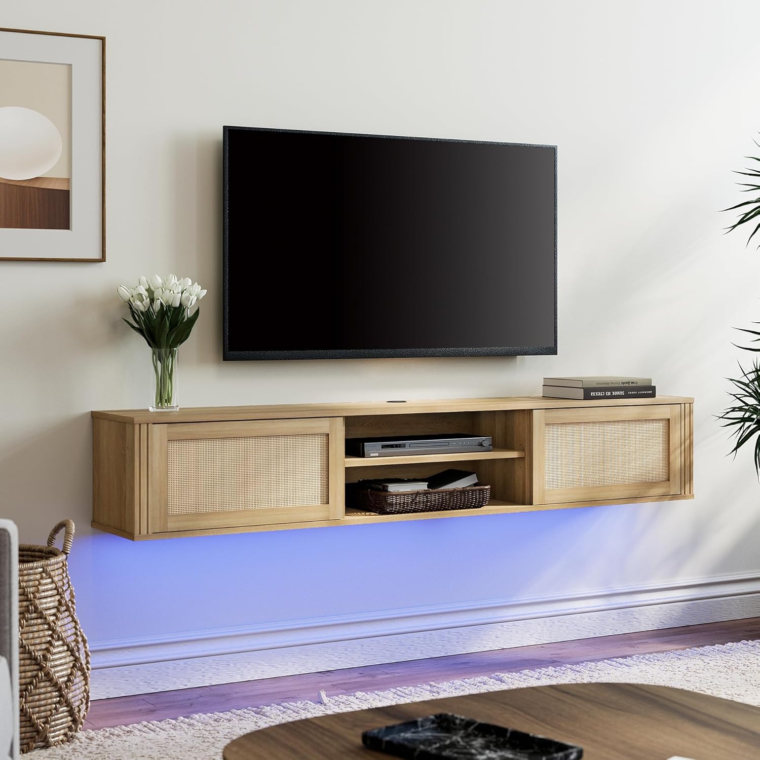 WAMPAT LED Floating Wall Mount TV Stand with Built-in Power Outlet, 2 Tier Media Console with 2 Rattan Doors for TVs Up to 80"，Oak