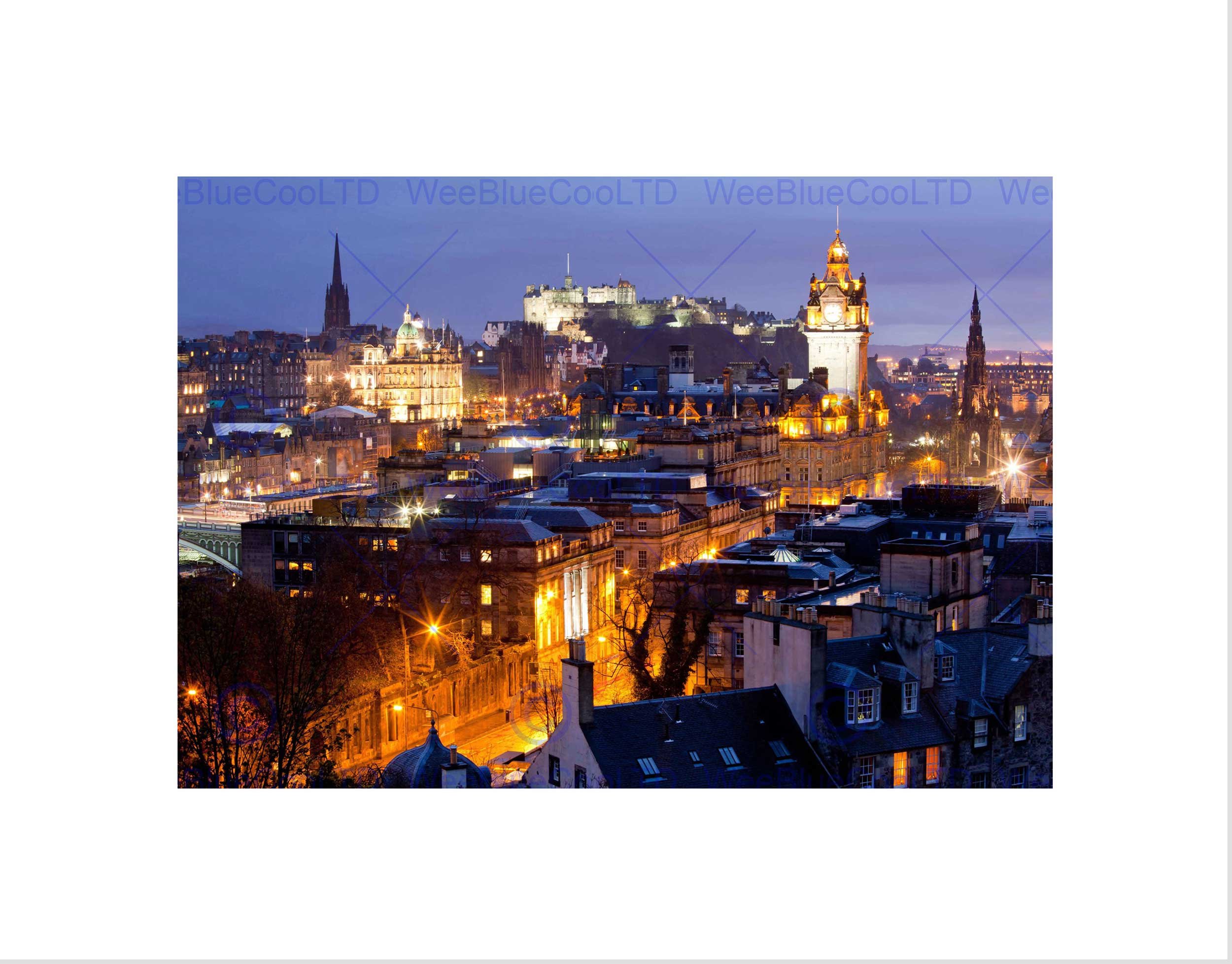 Wee Blue Coo PHOTO CITYSCAPE EDINBURGH SCOTLAND CASTLE SCOTT MONUMENT NIGHT PRINT B12X8220