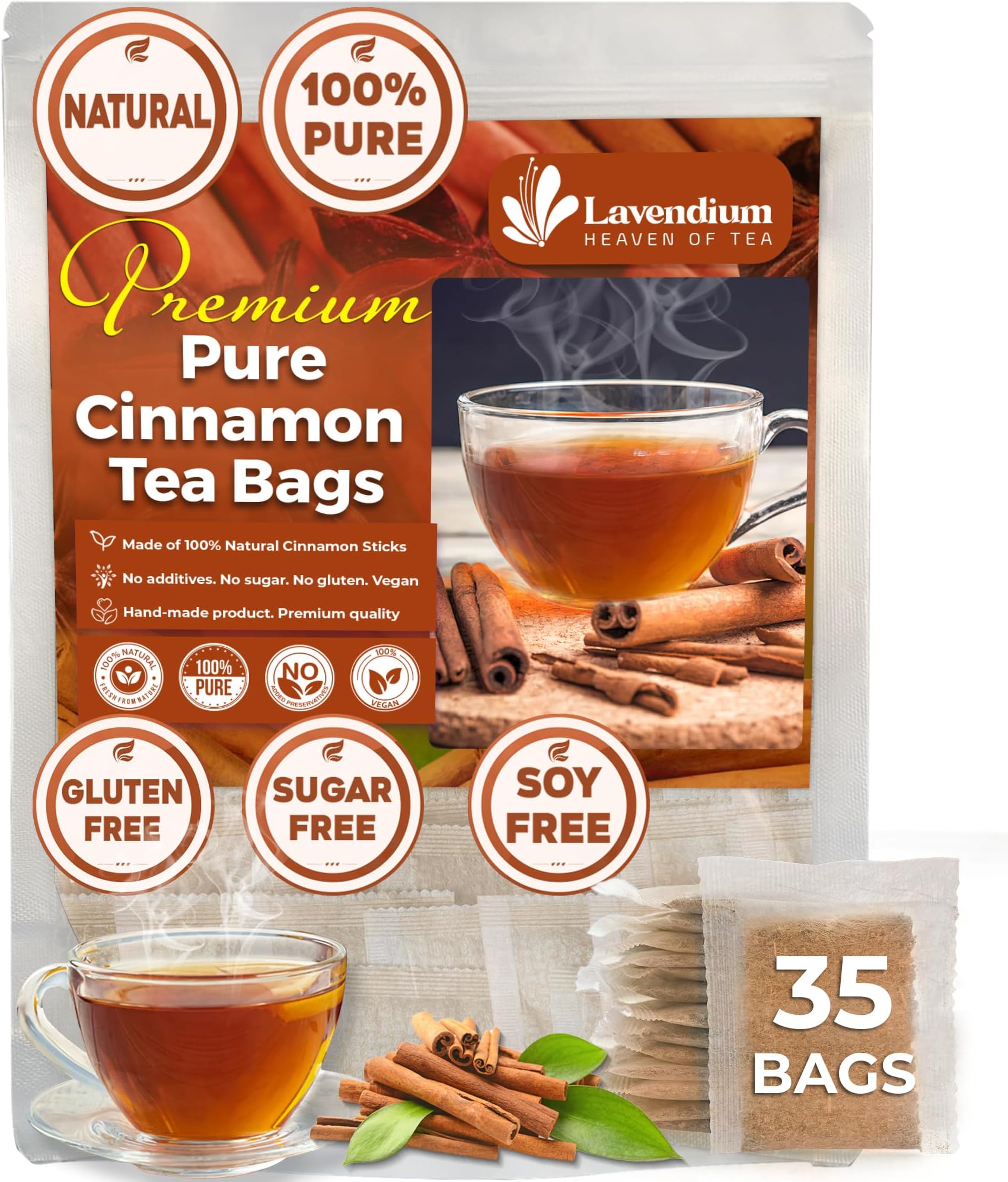 Lavendium, 35 Pure Cinnamon Tea Bags, Made of 100% Natural Cinnamon Sticks, Herbal Tea, No Additives, No Caffeine, No Gluten, Vegan.