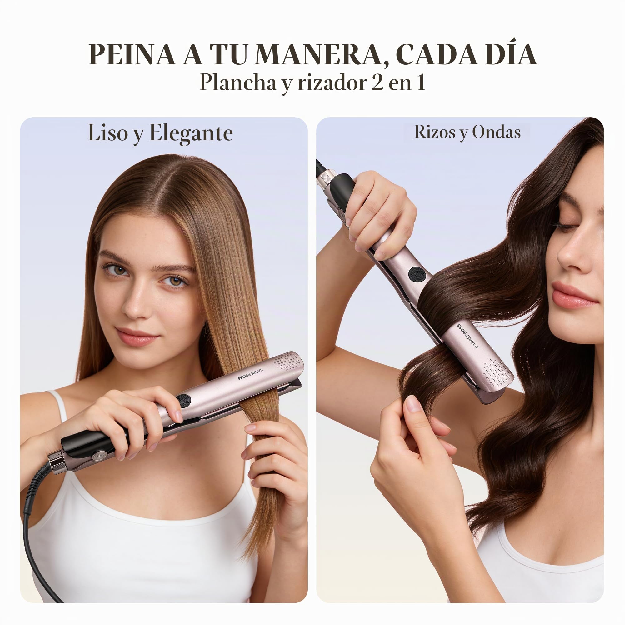 BarberBoss - Plancha de cerámica con placas flotantes, tratamiento iónico y queratina para todo tipo de cabello, pantalla LED de temperatura, plancha de pelo profesional (QR-8412, rosa)