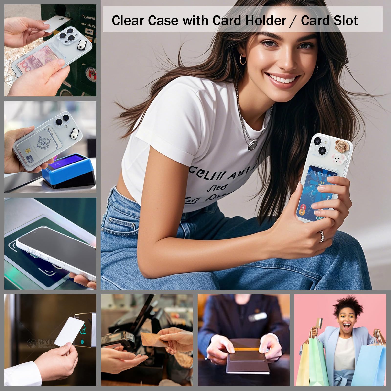 Chengyuanfeng Cover Trasparente per iPhone 13 con Porta Carte, Custodia Ultra-Sottile 1,5 mm in TPU Antigiallo Antiurto, Minimalista con 3D Cagnolino Applicato a Mano, per Viaggi, Serate e Caffè