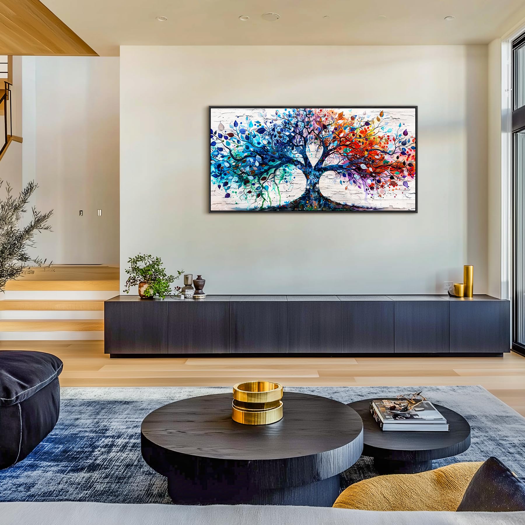 hyidecorart Bunter Baum des Lebens Bilder mit Rahmen Wohnzimmer 60x120 cm | Exquisites Motiv, HD-Druck, Einfach Aufzuhängen, Große Formate, Flexible Raumdeko, Schöne Wandkunst, Geschenk, Leinwandbilder