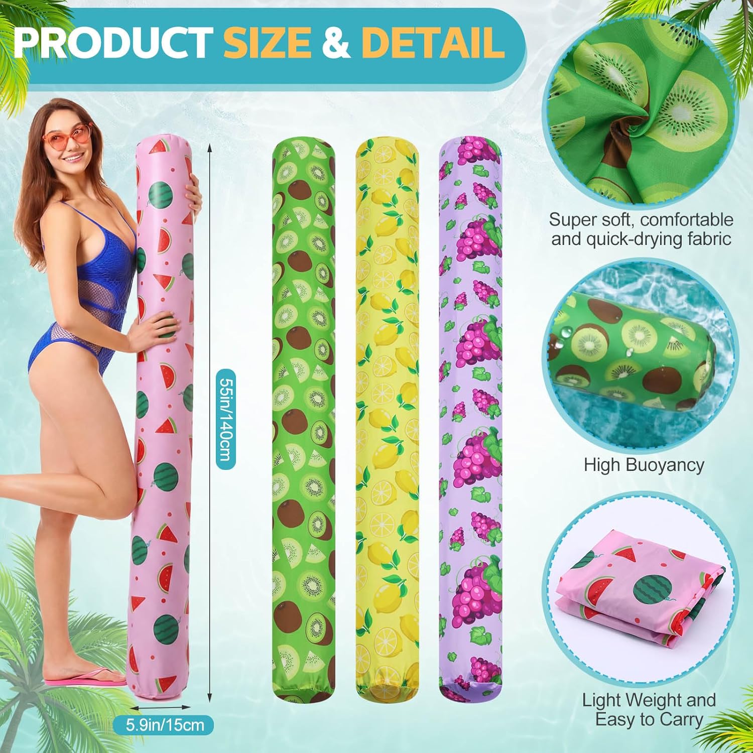 4 Set Large Pool Noodles for Adult, 55'' Inflatable Fabric Covered Swimming Noodles for Floating Blow up Swim Floats for Adults Summer Vacation Party Beach Pool Toy