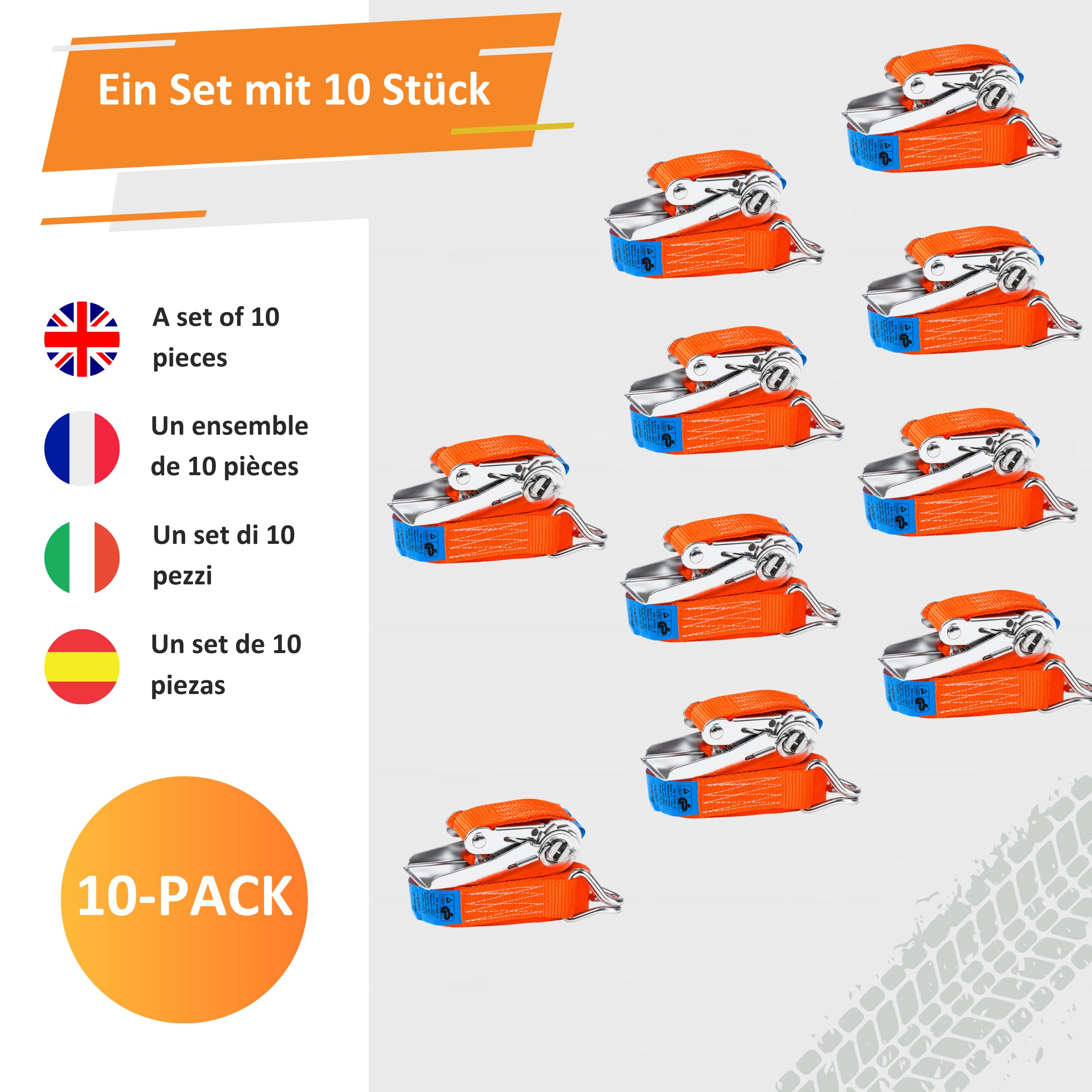 INTAKO Sangles d'Arrimage avec Cliquet 4m 25mm 800kg - Sangles de Serrage Durables et Réglables - Idéales pour Motos, Cargaisons, Remorques (Orange, 4m (Lot de 10))
