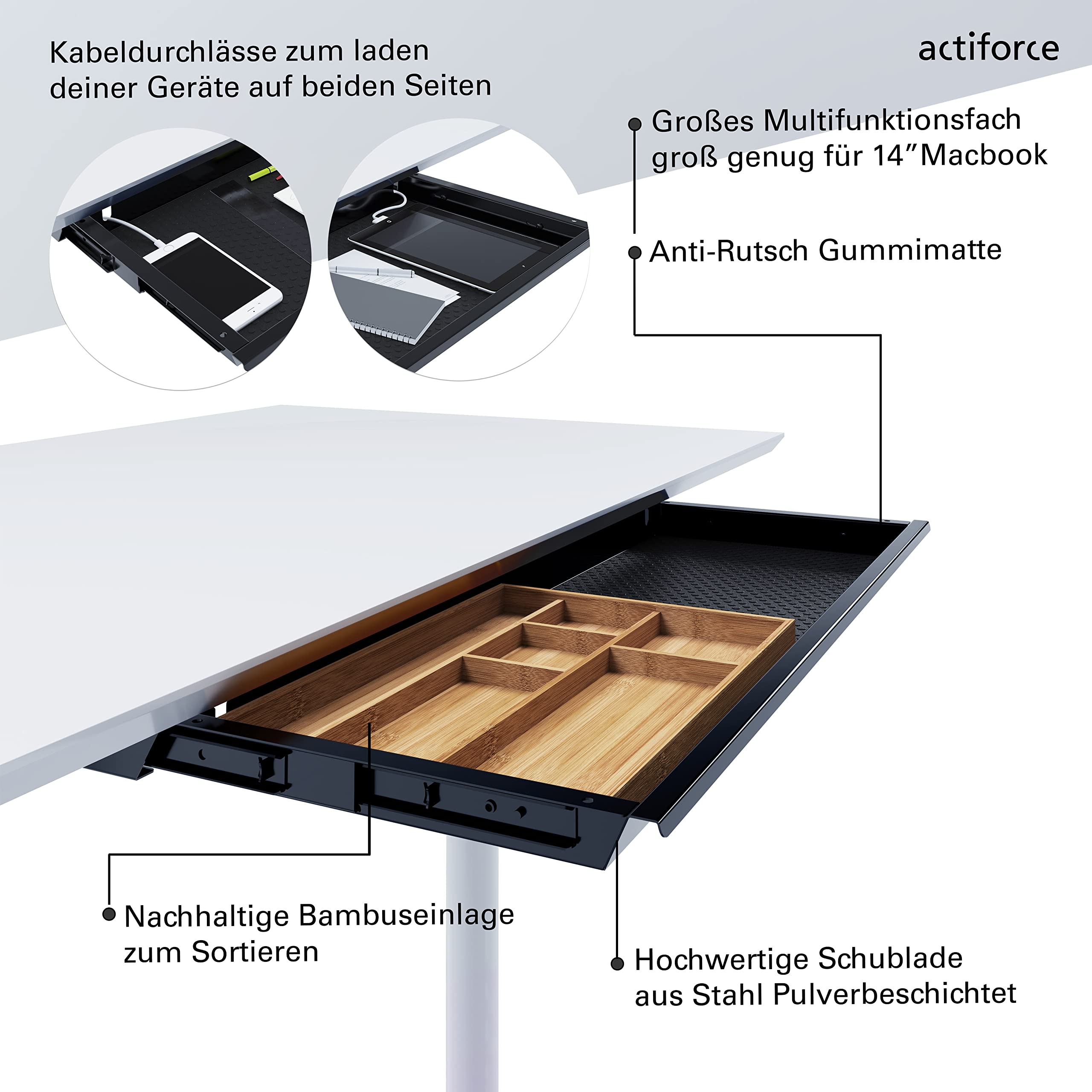 Premium Untertischschublade extrabreit | Herausnehmbare Bambuseinlage | schwarz, Silber, weiß | Einfacher Unterbau, die perfekte Schreibtischschublade für deinen Schreibtisch