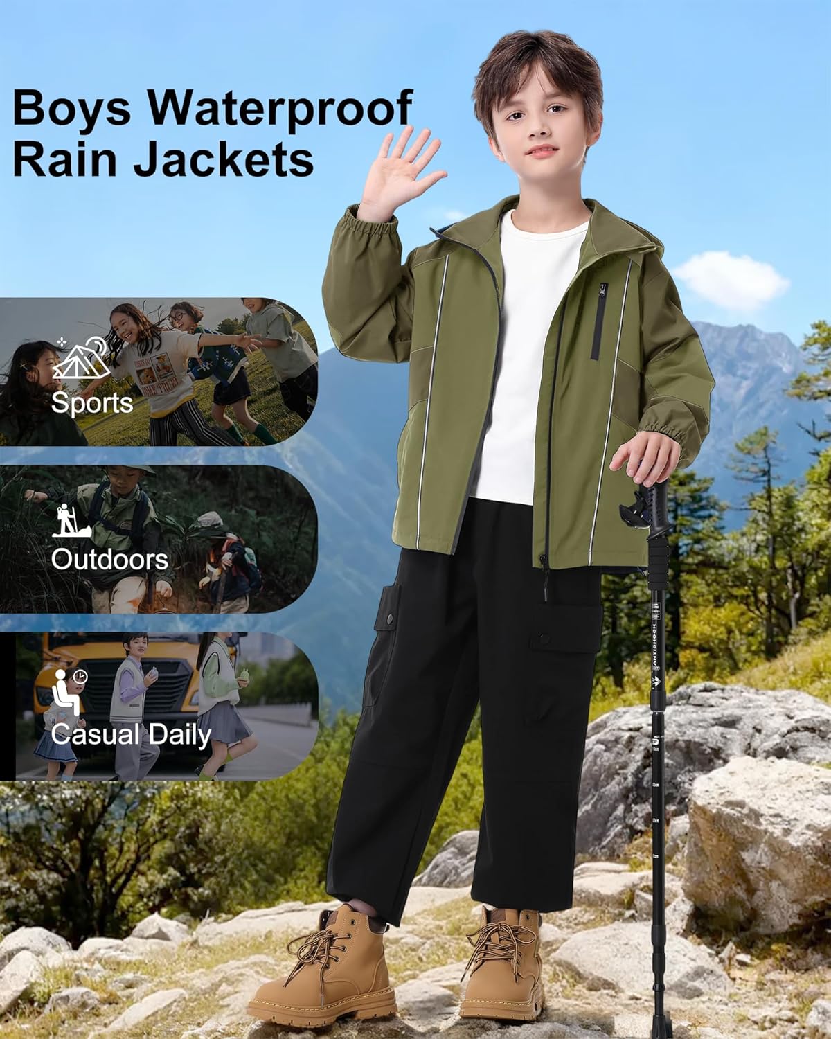 Rolanko Boys Rain Jacket, Waterproof Lightweight Windbreaker Raincoat Kids Hooded Lined Outerwear for Hiking Outdoor - Image 4