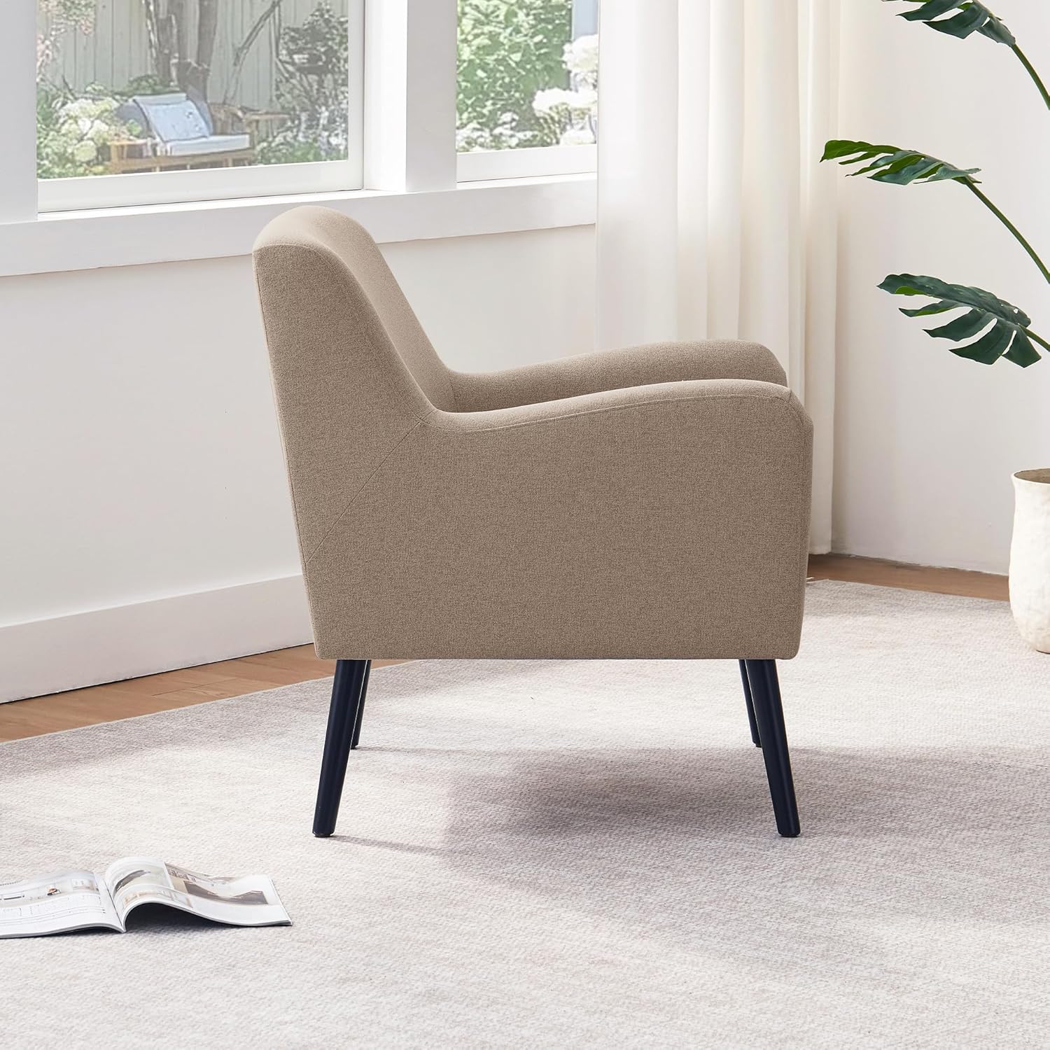 Accent Chair, Living Room Chair with Wooden Legs, Fabric Reading Chair, Mid Century Modern Chair, Upholstered Armchair for Bedroom Study Office (Brown)