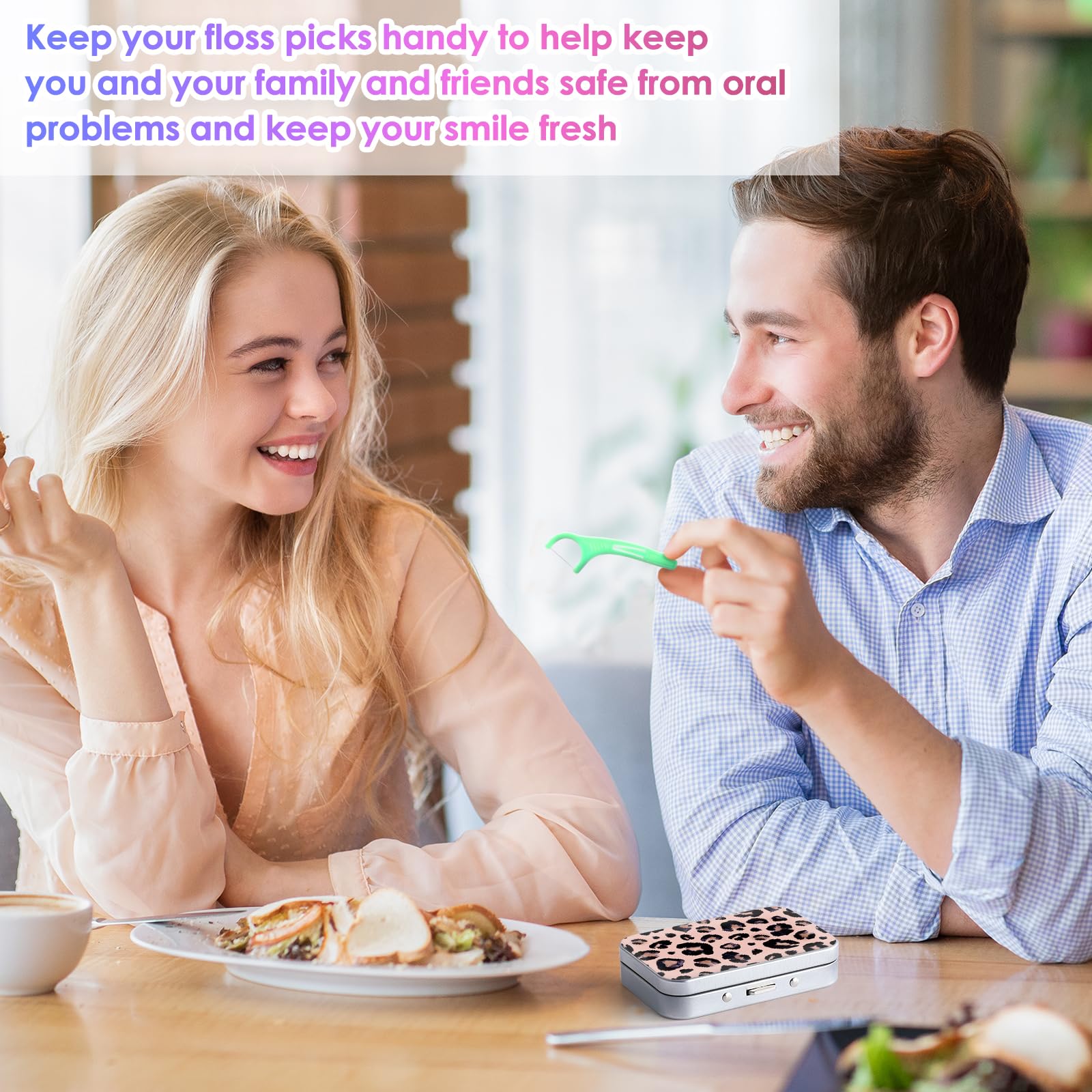 Funda portátil para hilo dental, fácil de almacenar púas de varios tamaños, dispensador de hilo dental portátil perfecto para viajes, hoteles, cenas, citas. Estampado de leopardo