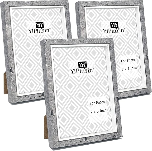 5 x 7'' Cement Grey & White TwoTone Photo Frame Set of 3, Wooden Boxed 7 x 5''Inlay Frame with Real Glass Front for Tabletop or Wallmounted