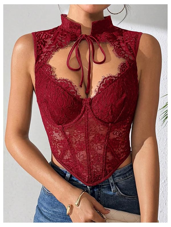 SweatyRocks Women's Floral Lace Corset Top Cut Out Crop Bustier Sexy Going Out Party Night Club Rave Tops Burgundy Small by SweatyRocks - Used condition - Image 4