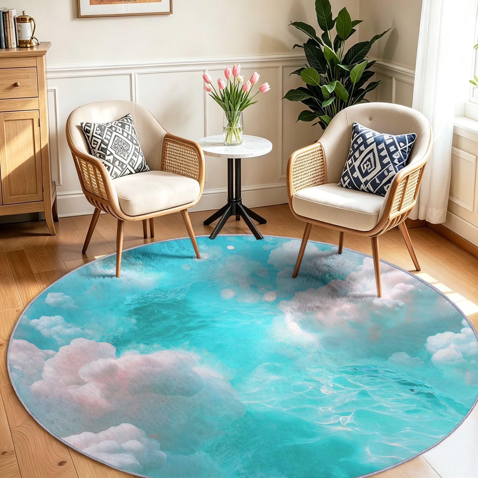 Tapis Rond Lavable en Machine pour Enfants 200 cm, Poils Doux et Facile à Entretenir Nuages Rêveurs Interieur Chambre à Coucher Salon Bureau Tapis Antidérapant Couleurs Résistantes Ciel Bleu