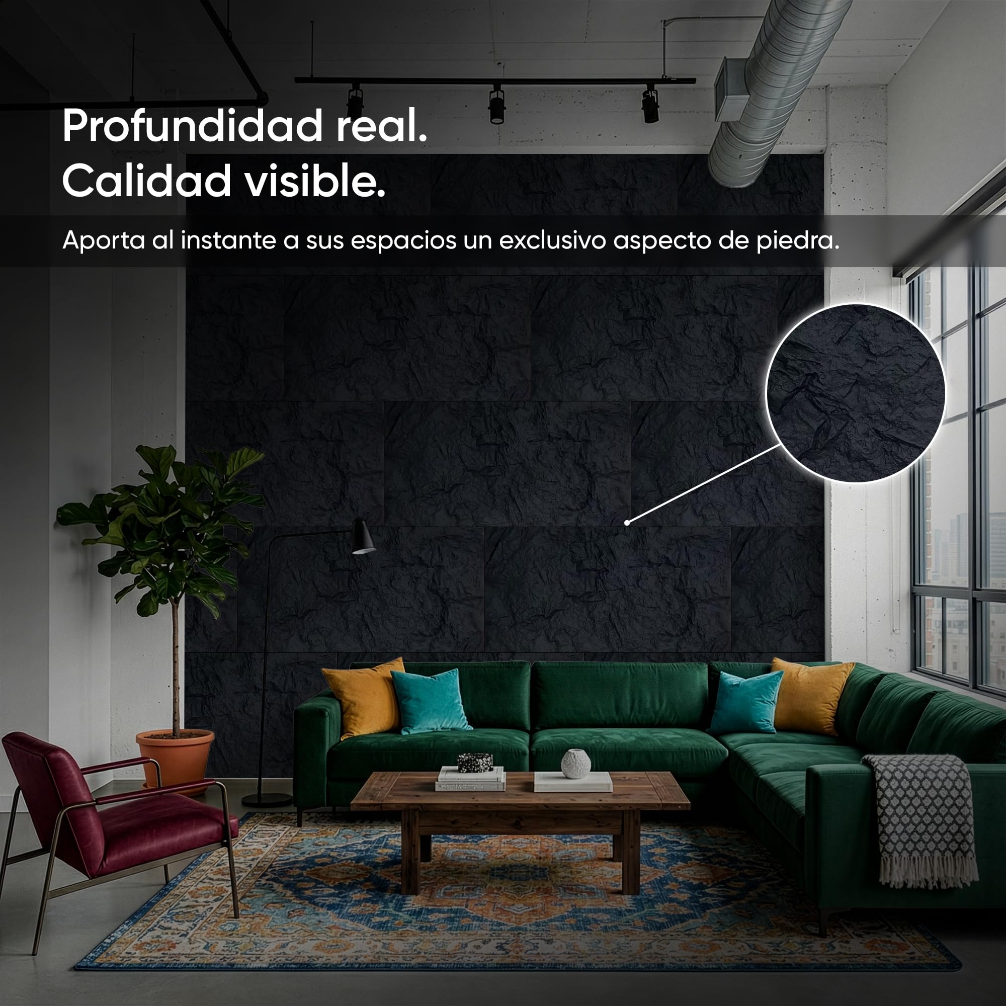 IZODEKOR Paneles de poliuretano para pared con aspecto de piedra, 60 x 120 cm, 5 cm de grosor, paneles de pared 3D negro, revestimiento de pared interior, paneles de poliuretano en piedra natural