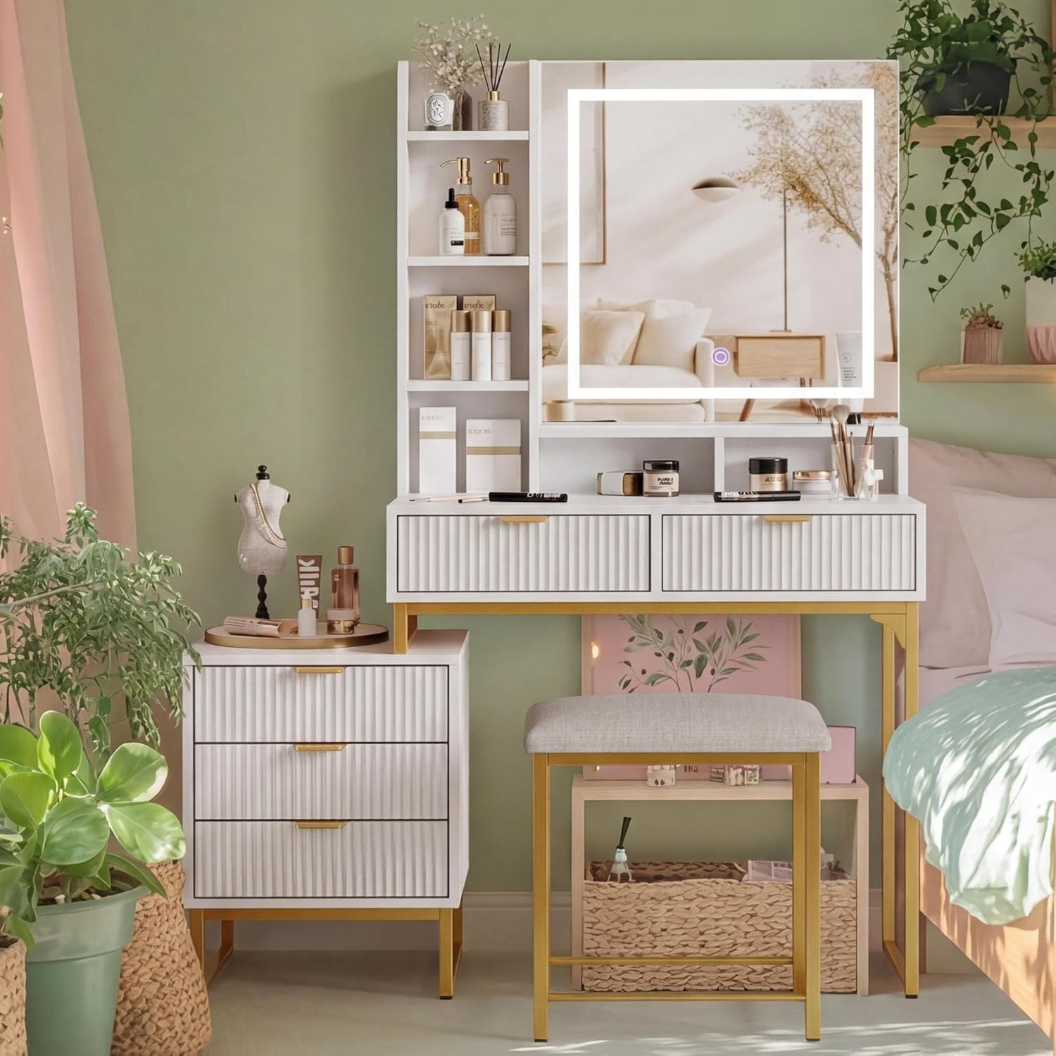 GarveeHome White Vanity Makeup Desk, Vanity Set with Mirror and 3-Mode Lights, 5 Drawers Vanity Table with Removable Side Storage Cabinet, Stool for Bedroom