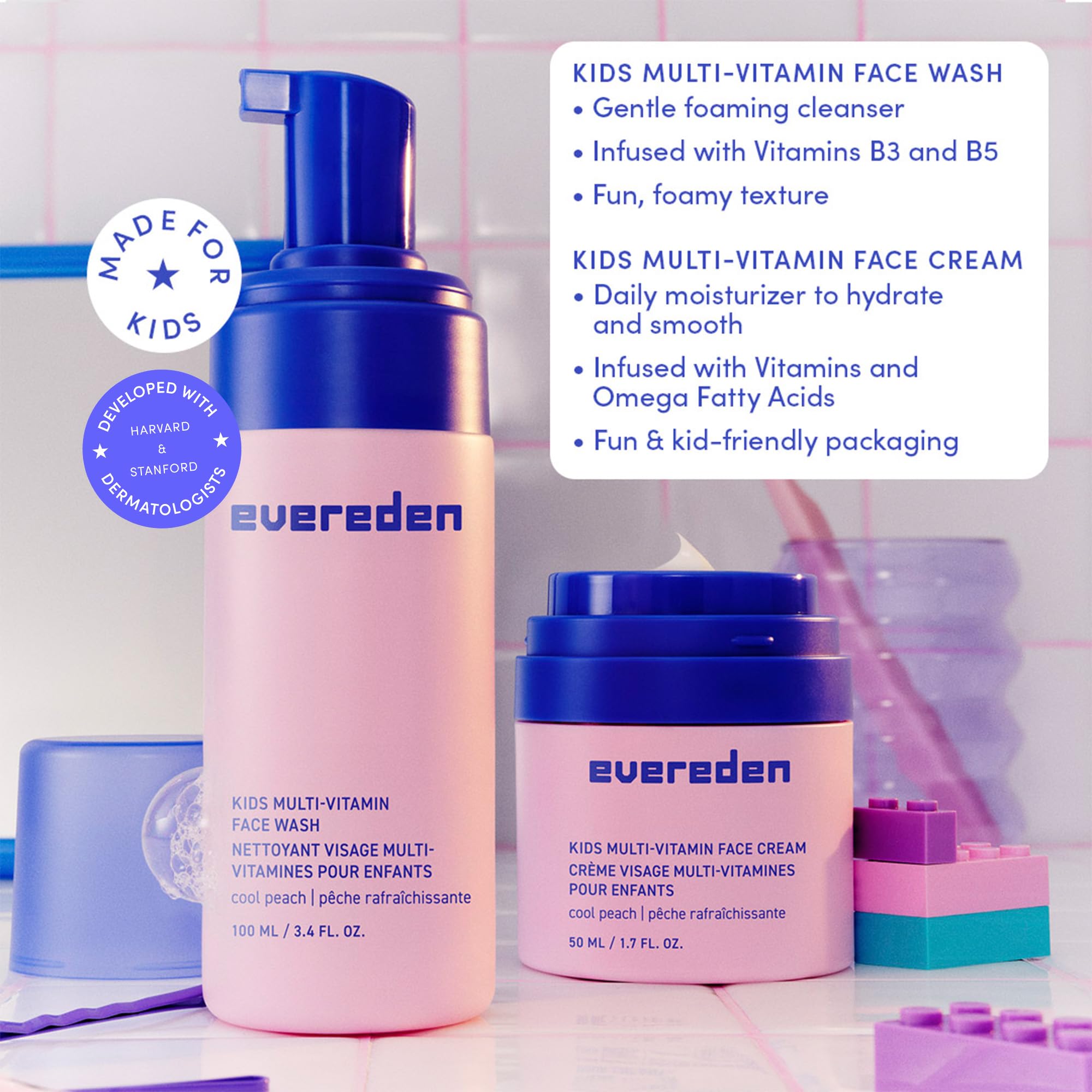 Evereden Kids Happy Face Duo (Cool Peach) – Ensemble nettoyant visage multi-vitamines pour enfants et crème pour le visage pour enfants – Soin de la peau propre et végétalien pour enfants de 3 ans et